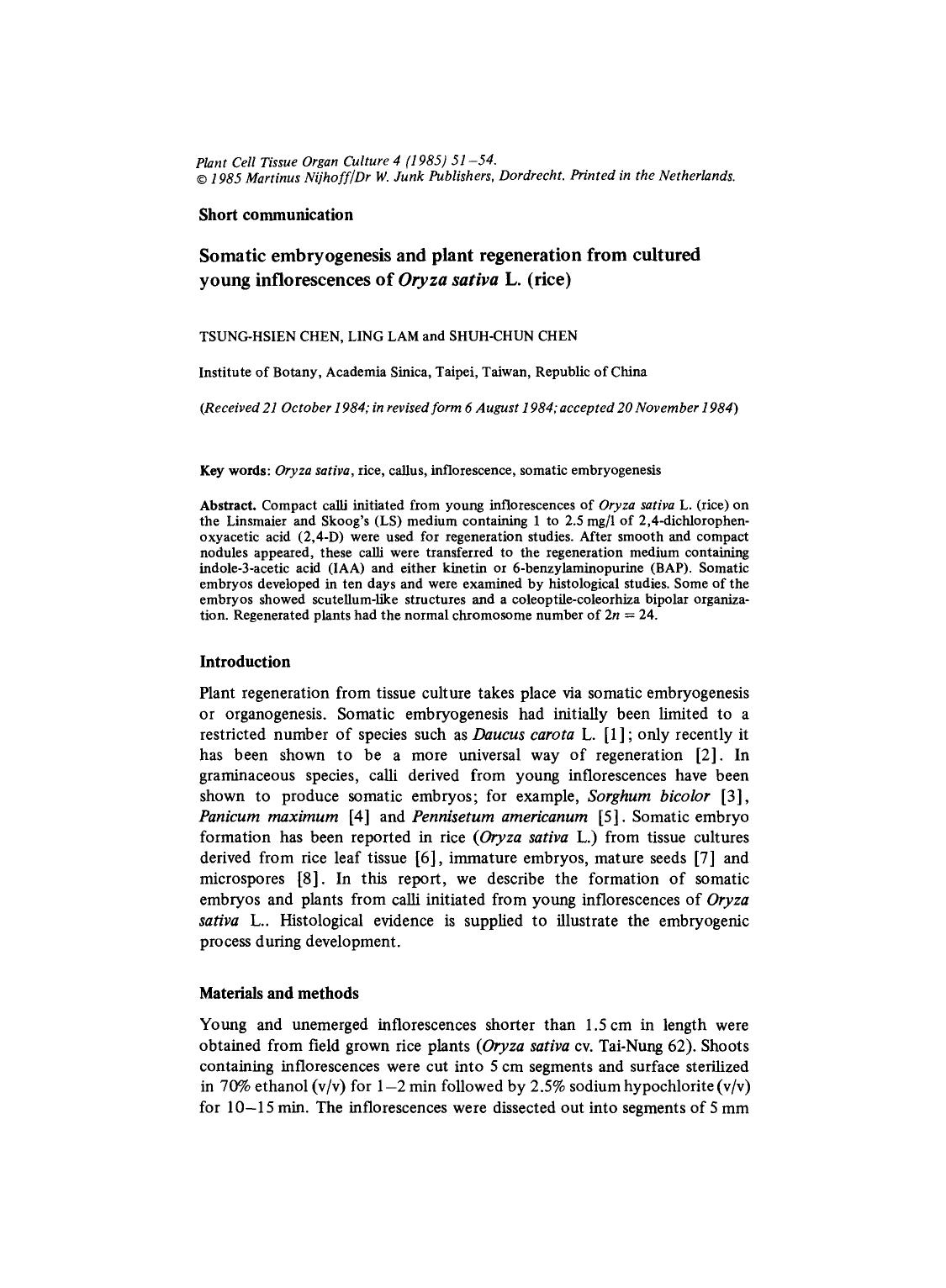 Somatic embryogenesis and plant regeneration from cultured young inflorescences of <Emphasis Type="Italic">Oryza sativa <Emphasis> L. (rice) by Unknown