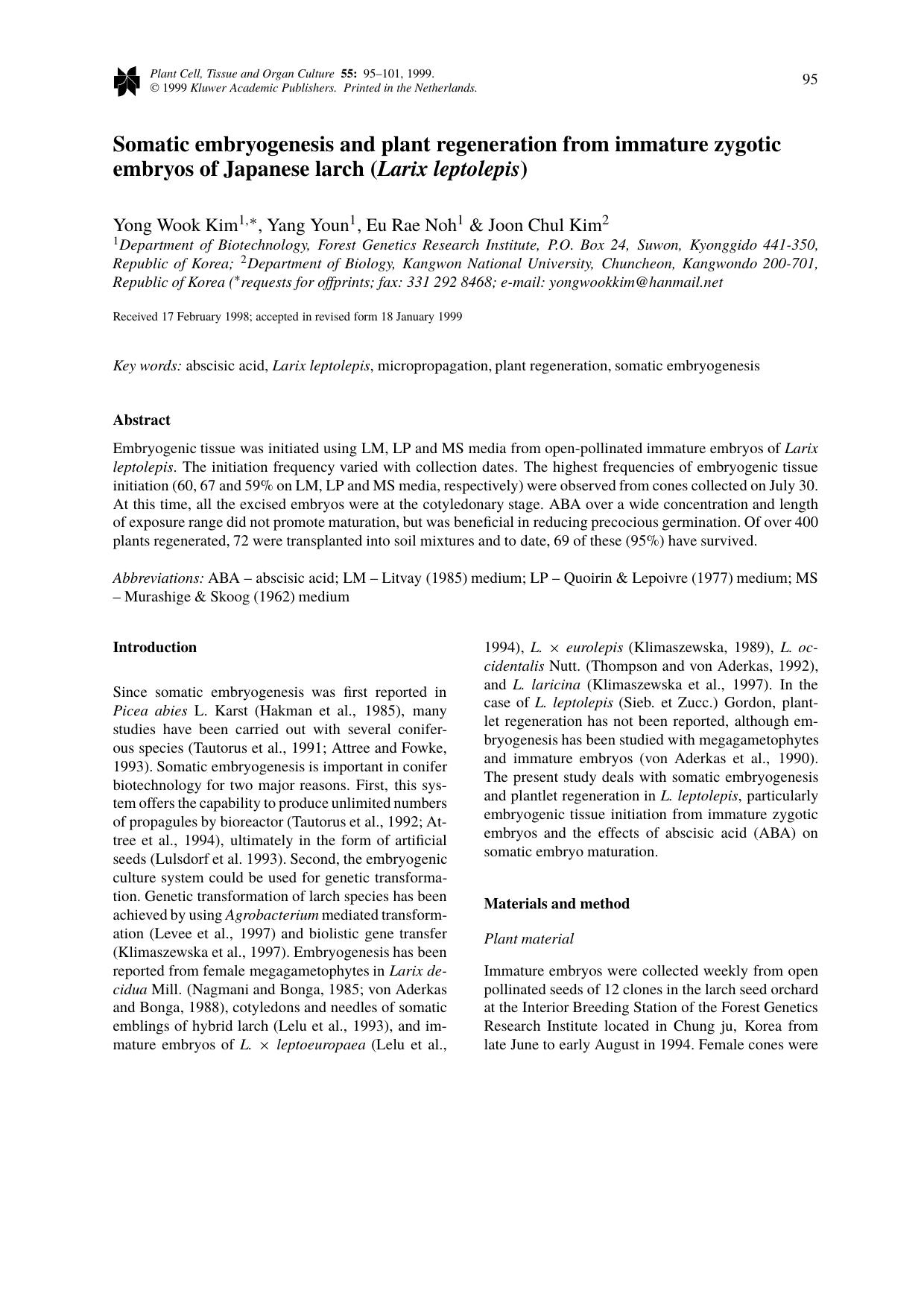 Somatic embryogenesis and plant regeneration from immature zygotic embryos of Japanese larch (Larix leptolepis) by Unknown