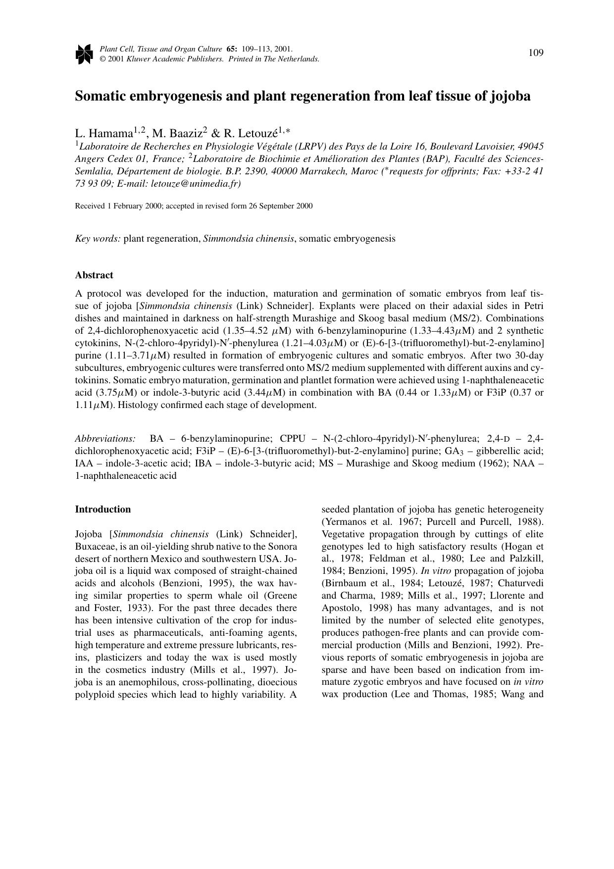 Somatic embryogenesis and plant regeneration from leaf tissue of jojoba by Unknown