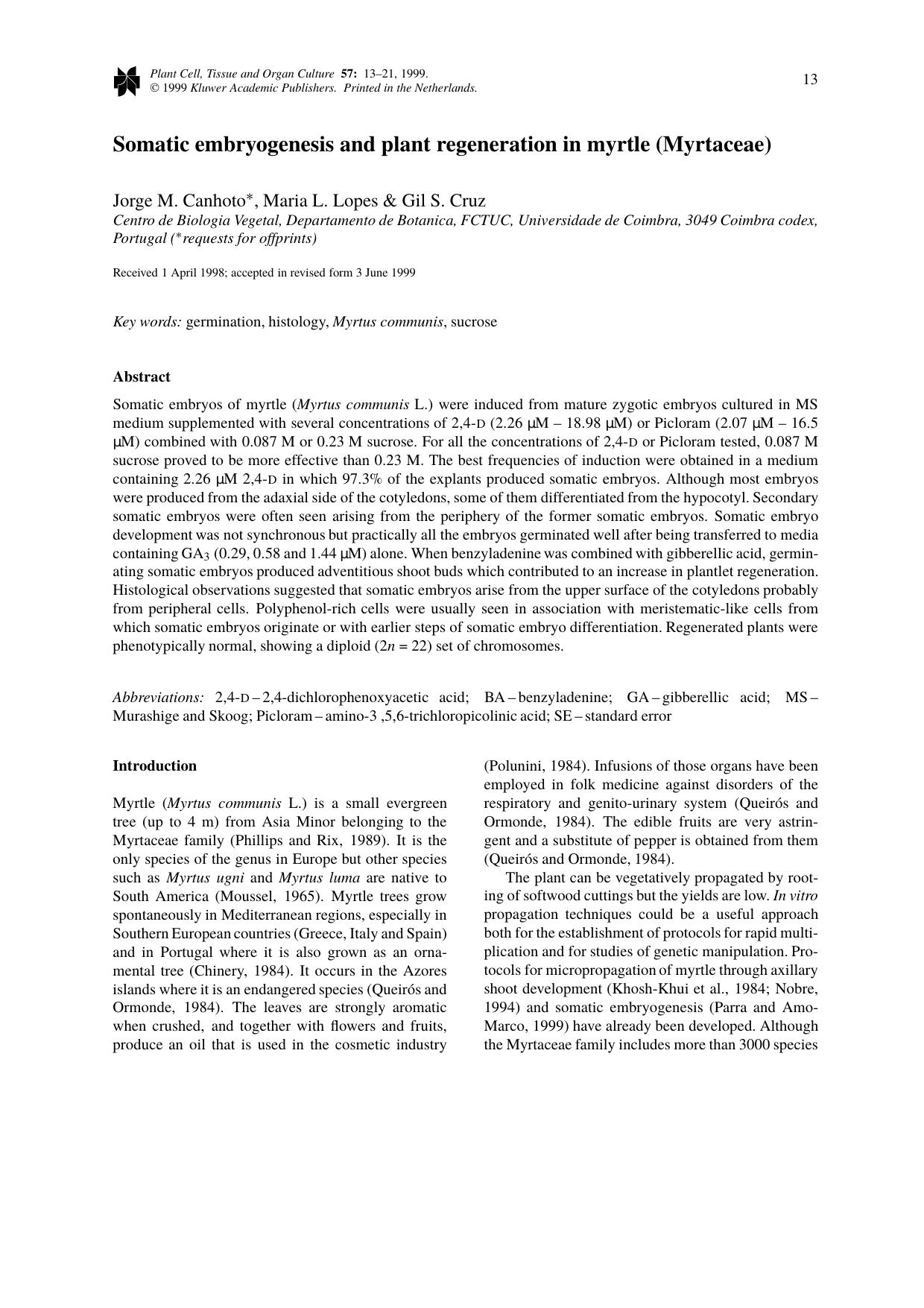 Somatic embryogenesis and plant regeneration in myrtle (Myrtaceae) by Unknown