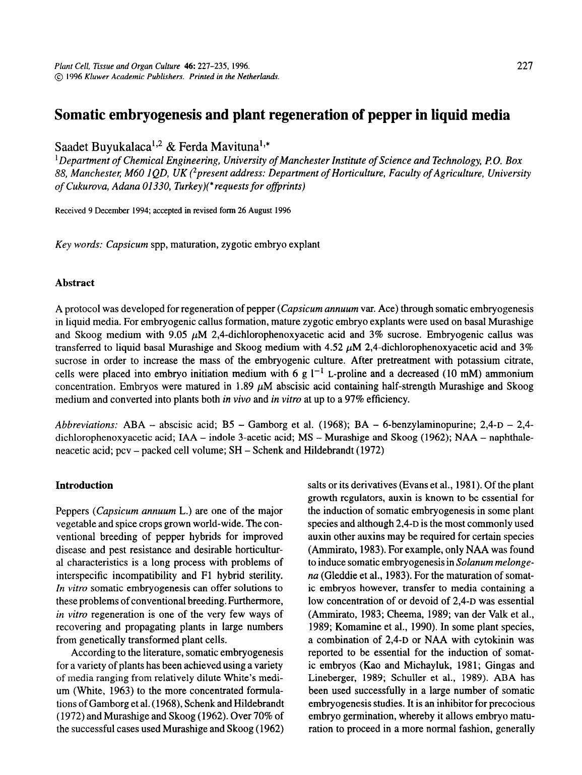 Somatic embryogenesis and plant regeneration of pepper in liquid media by Unknown