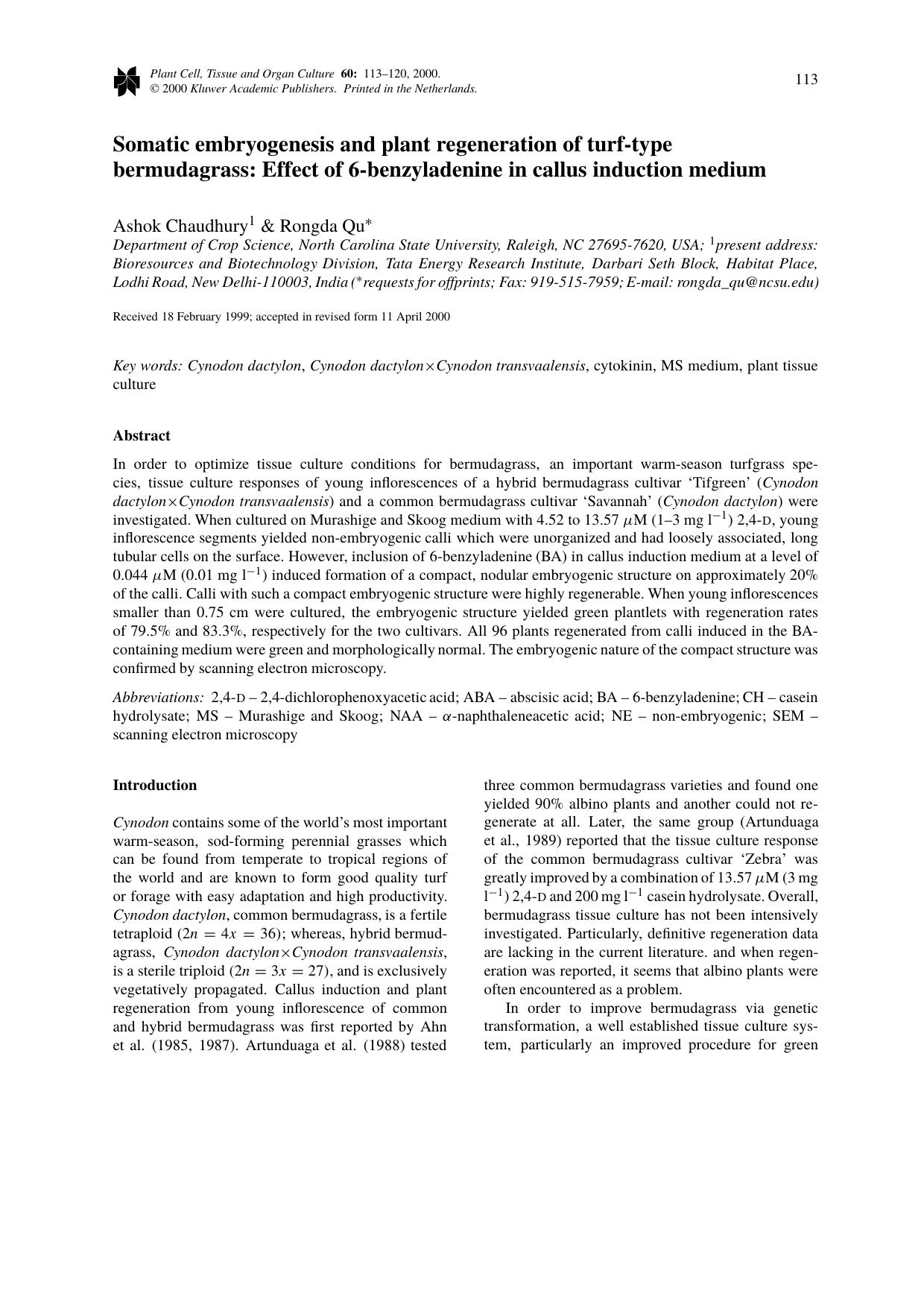 Somatic embryogenesis and plant regeneration of turf-type bermudagrass: Effect of 6-benzyladenine in callus induction medium by Unknown