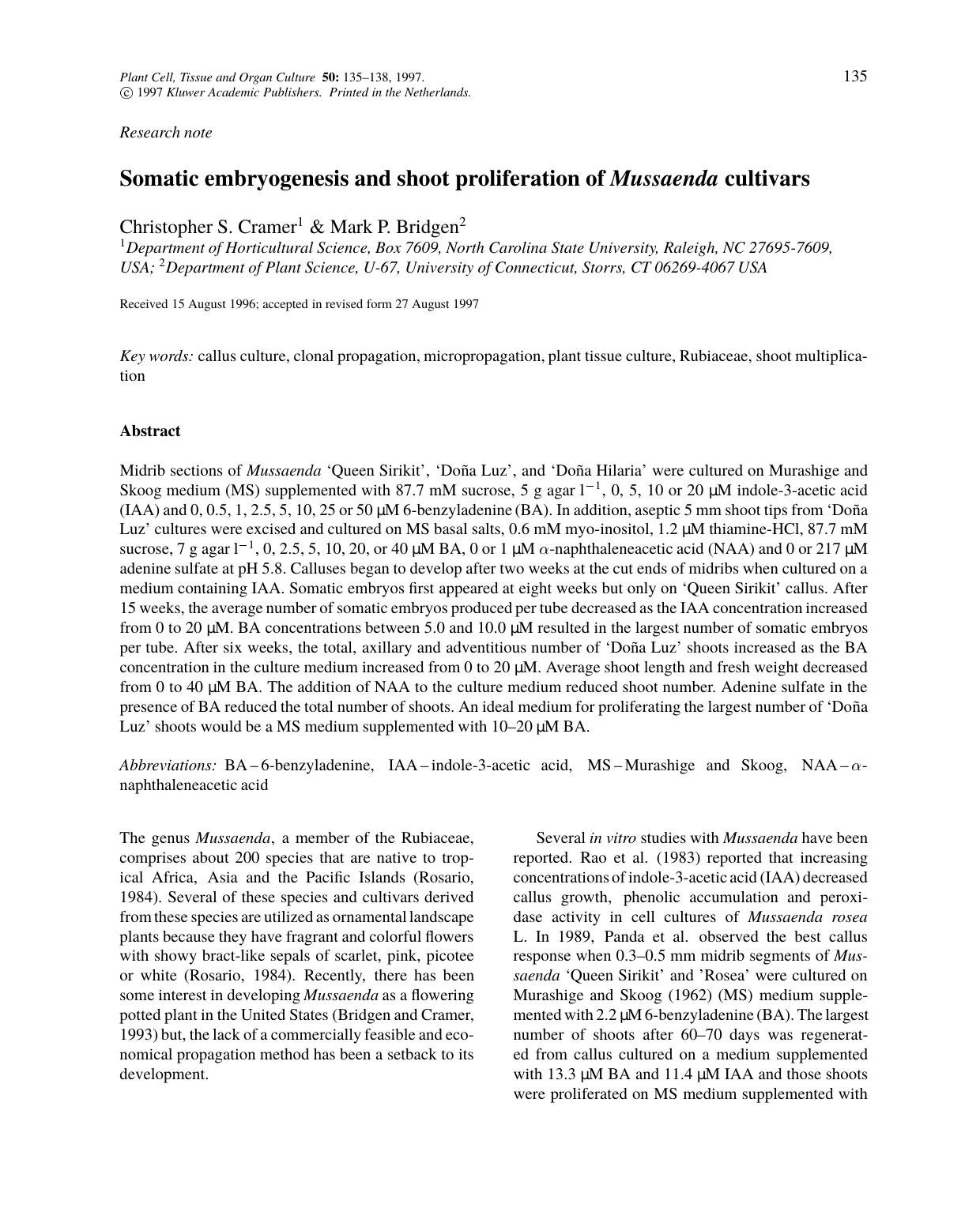 Somatic embryogenesis and shoot proliferation of Mussaenda cultivars by Unknown