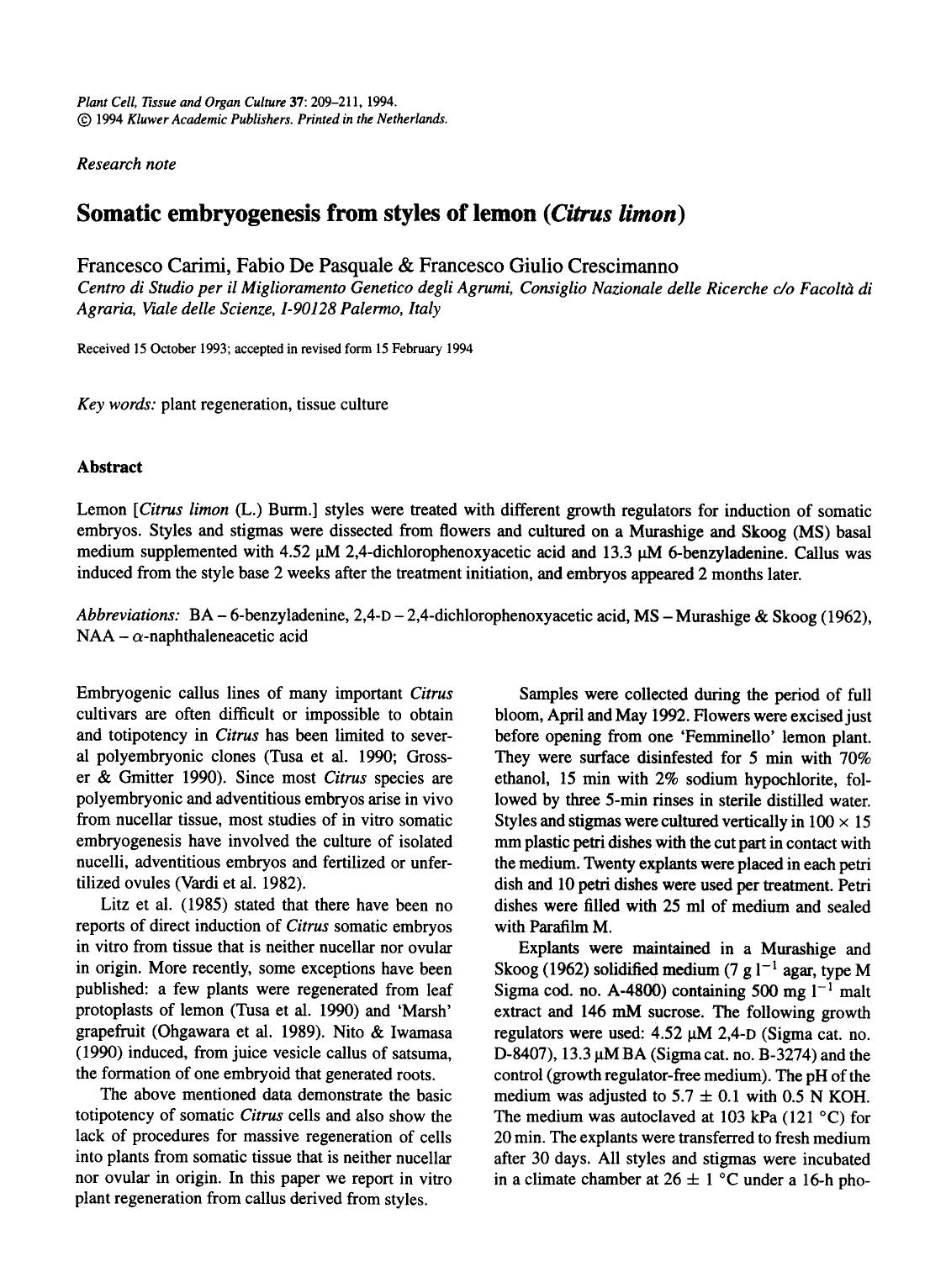 Somatic embryogenesis from styles of lemon (<Emphasis Type="Italic">Citrus limon<Emphasis>) by Unknown