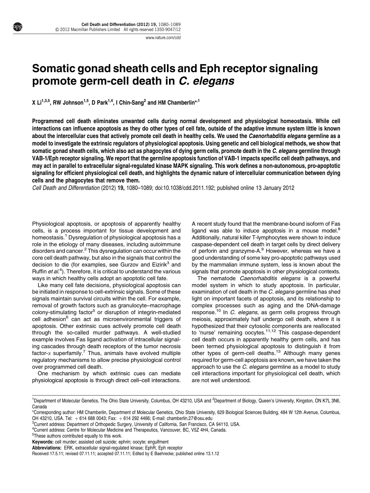 Somatic gonad sheath cells and Eph receptor signaling promote germ-cell death in C. elegans by X Li & R W Johnson & D Park & I Chin-Sang & H M Chamberlin &