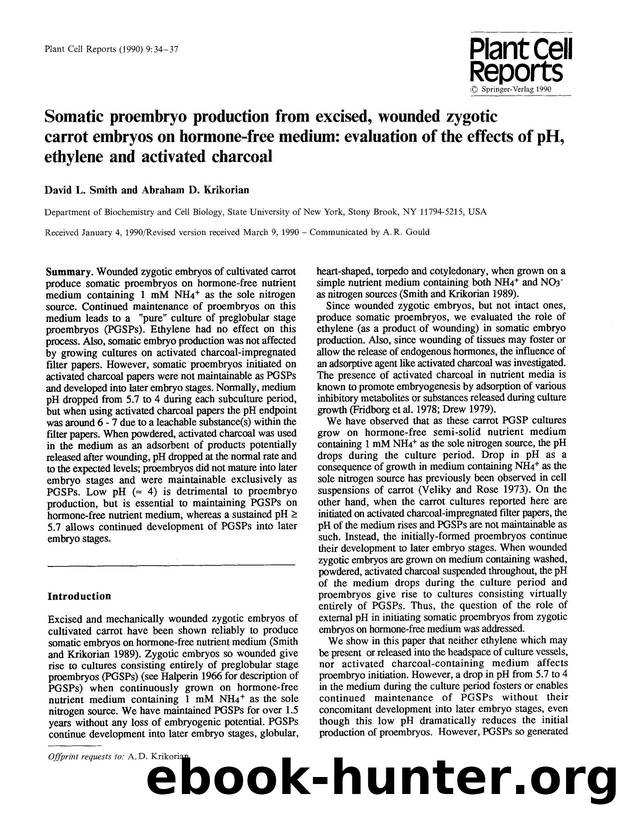 Somatic proembryo production from excised, wounded zygotic carrot embryos on hormone-free medium: evaluation of the effects of pH, ethylene and activated charcoal by Unknown