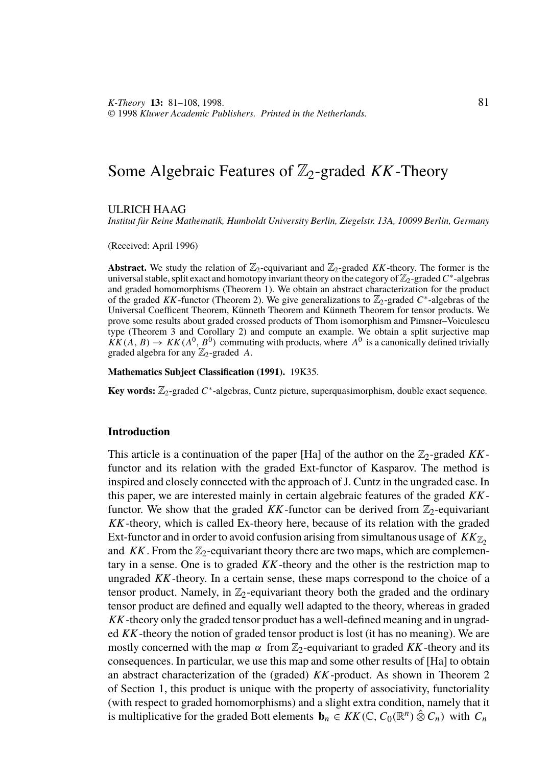 Some Algebraic Features of Z<Subscript>2<Subscript>-graded KK-Theory by Unknown