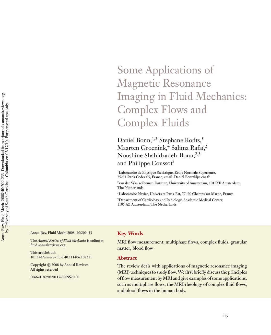 Some Applications of Magnetic Resonance Imaging in Fluid Mechanics: Complex Flows and Complex Fluids by unknow