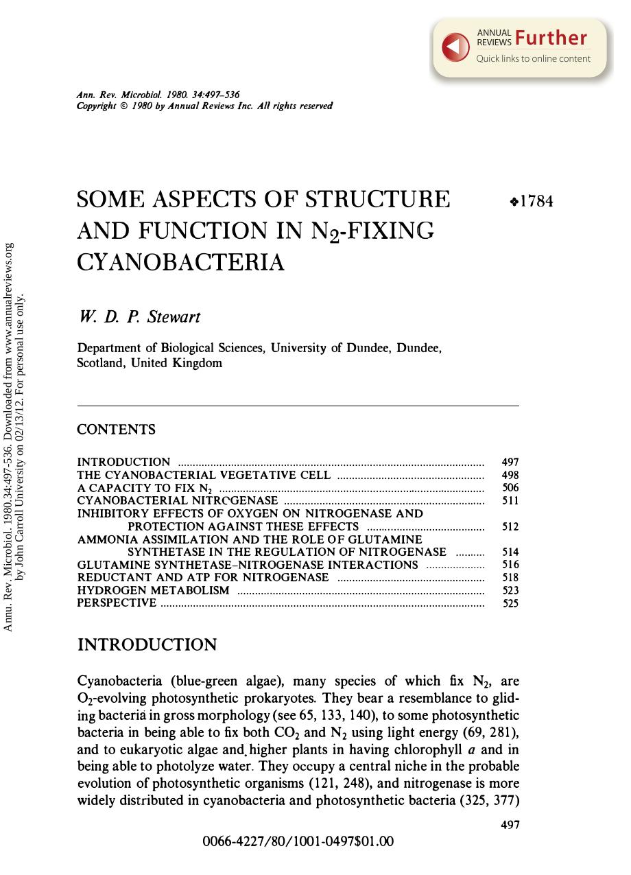 Some Aspects of Structure and Function in N Fixing Cyanobacteria by W D P Stewart