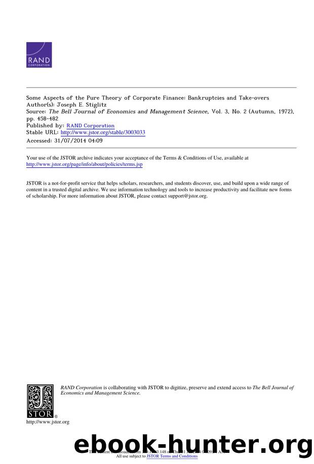 Some Aspects of the Pure Theory of Corporate Finance: Bankruptcies and Take-overs by Some Aspects of the Pure Theory of Corporate Finance Bankruptcies & Take-overs