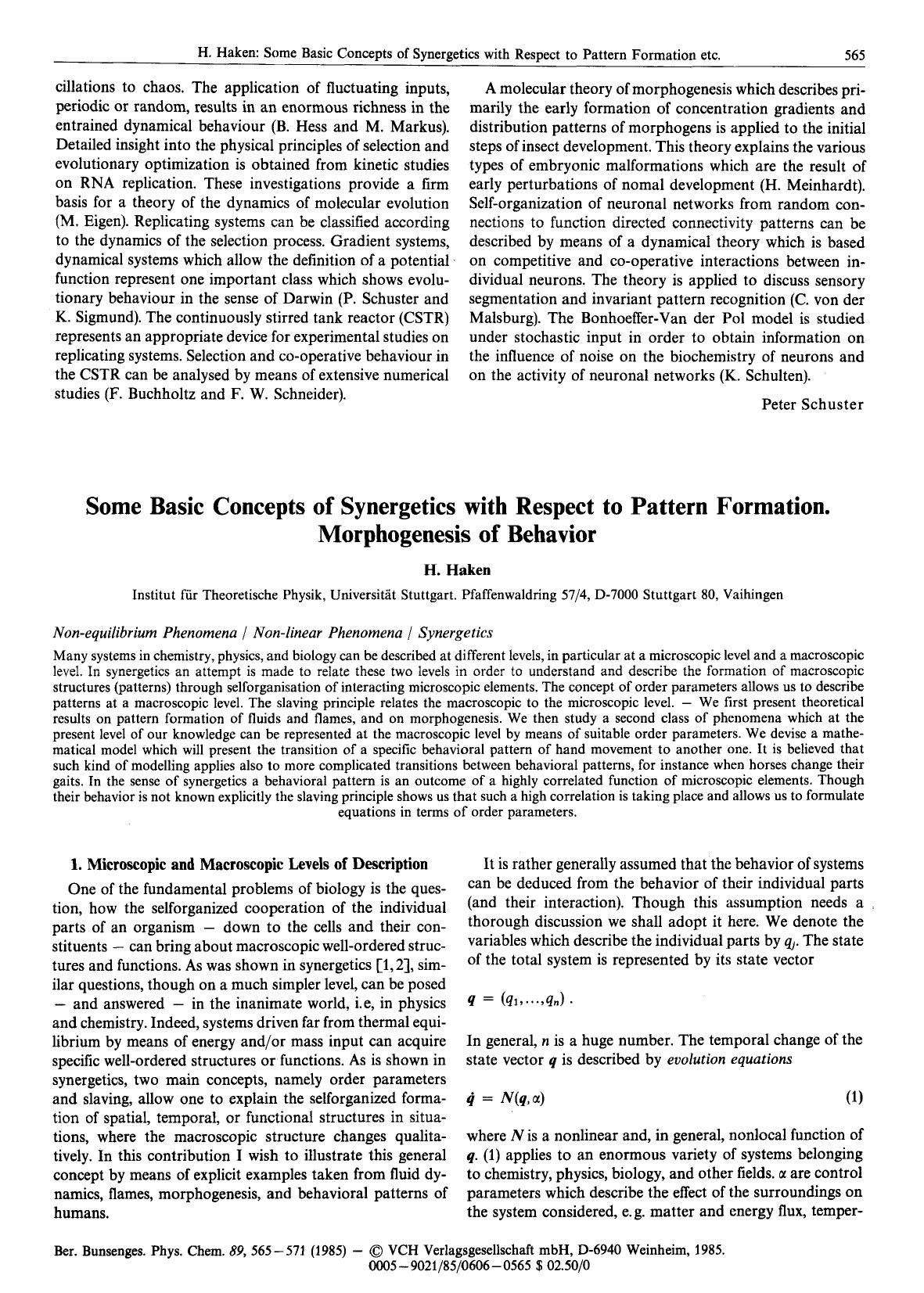 Some Basic Concepts of Synergetics with Respect to Pattern Formation. Morphogenesis of Behavior by Unknown