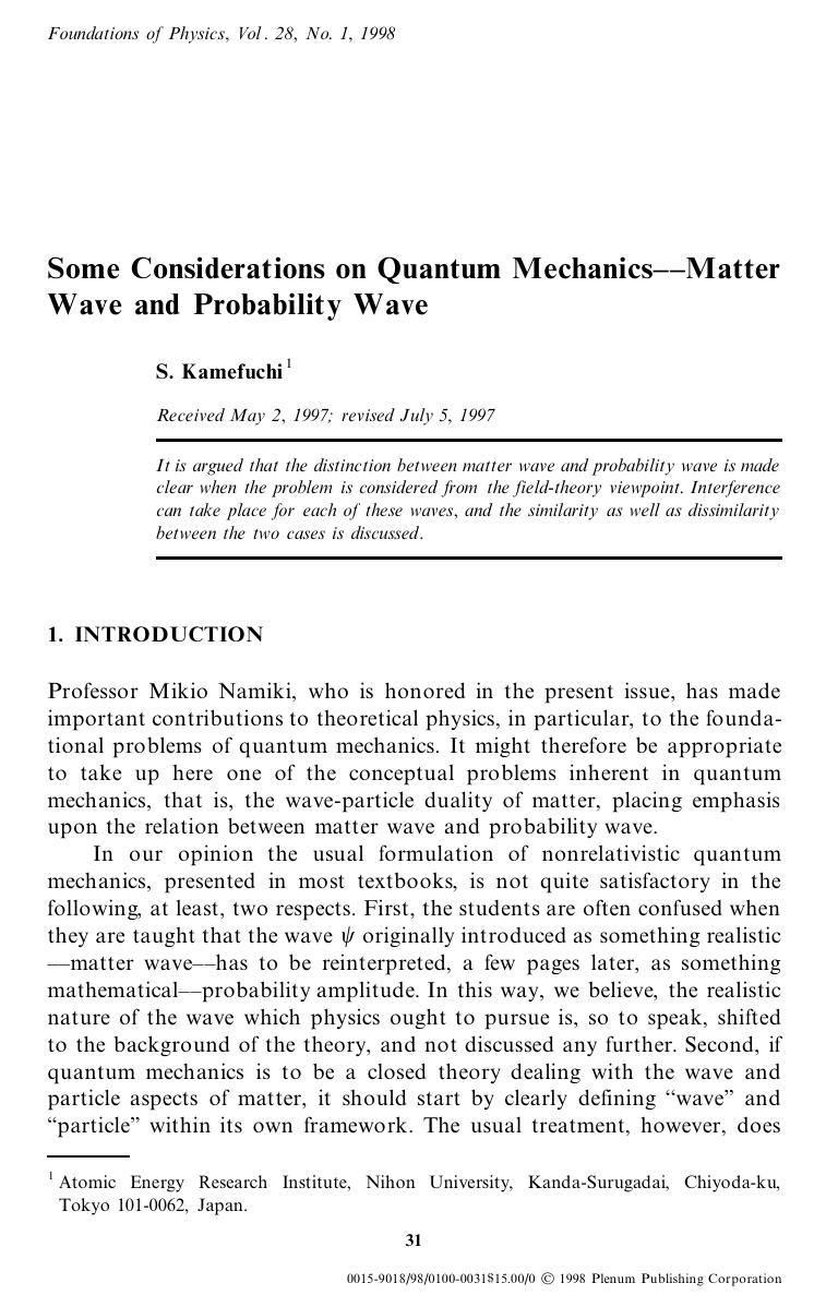 Some Considerations on Quantum Mechanics—Matter Wave and Probability Wave by Unknown