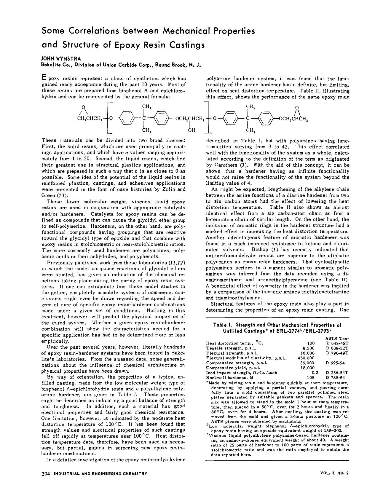 Some Correlations between Mechanical Properties and Structure of Epoxy Resin Castings. by John Wynstra