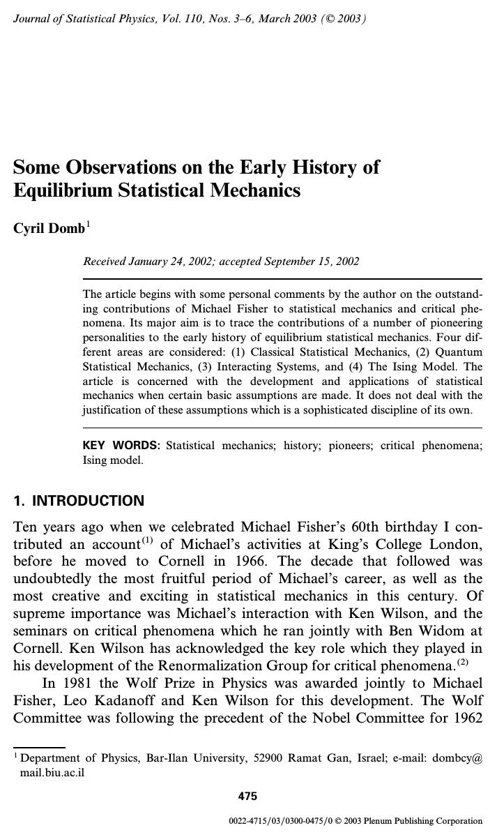Some Observations on the Early History of Equilibrium Statistical Mechanics by Unknown