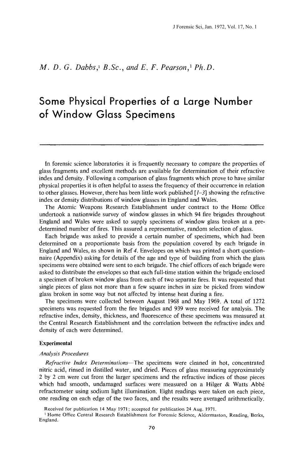 Some Physical Properties of a Large Number of Window Glass Specimens by Dabbs MDG Pearson EF