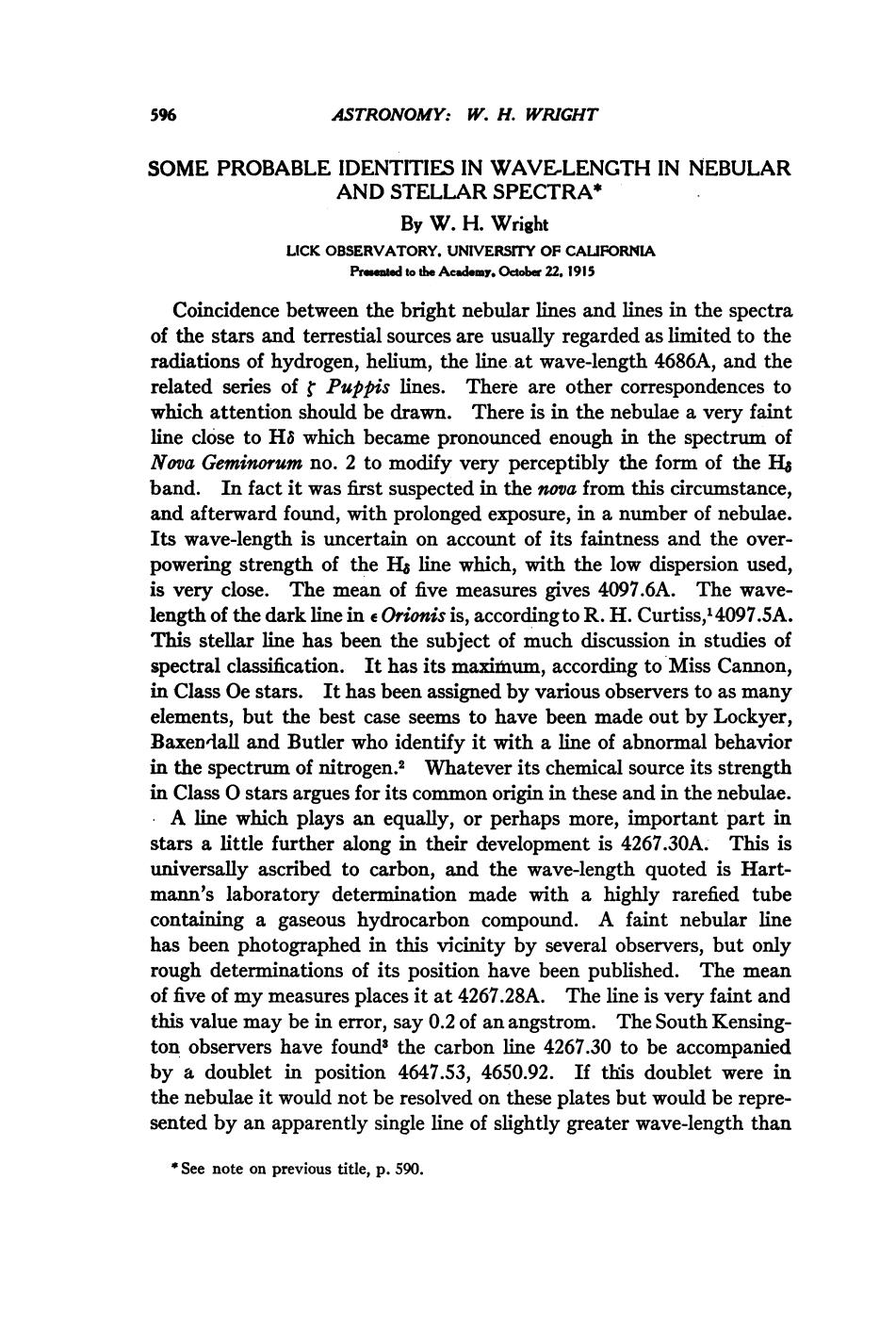 Some Probable Identities in Wave-Length in Nebular and Stellar Spectra (1915)(en)(2s) by Wright W.H