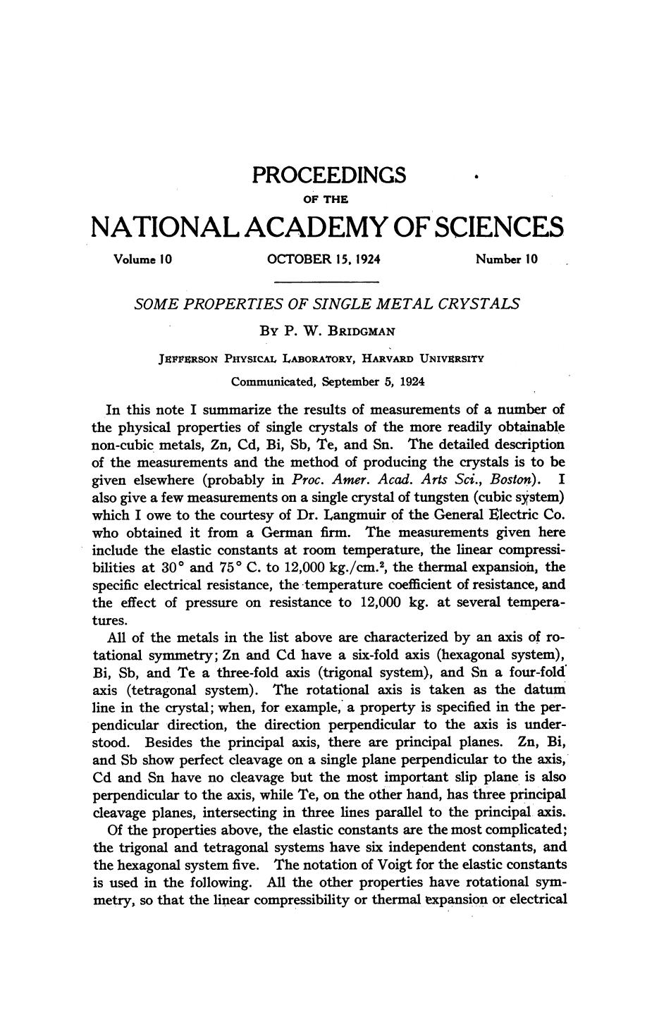 Some Properties of Single Metal Crystals by Percy Williams Bridgman