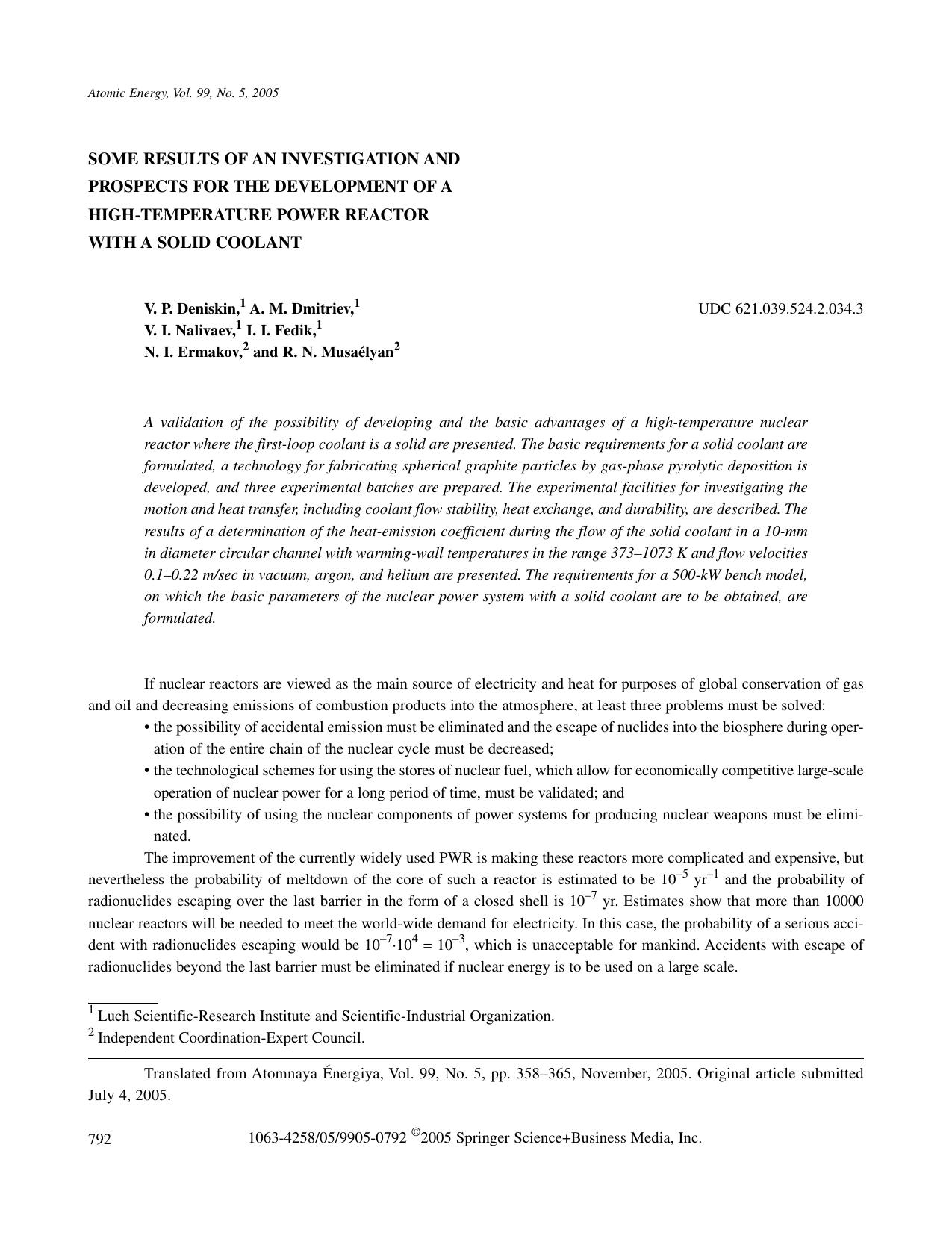 Some Results of an Investigation and Prospects for the Development of a High-Temperature Power Reactor with a Solid Coolant by Unknown