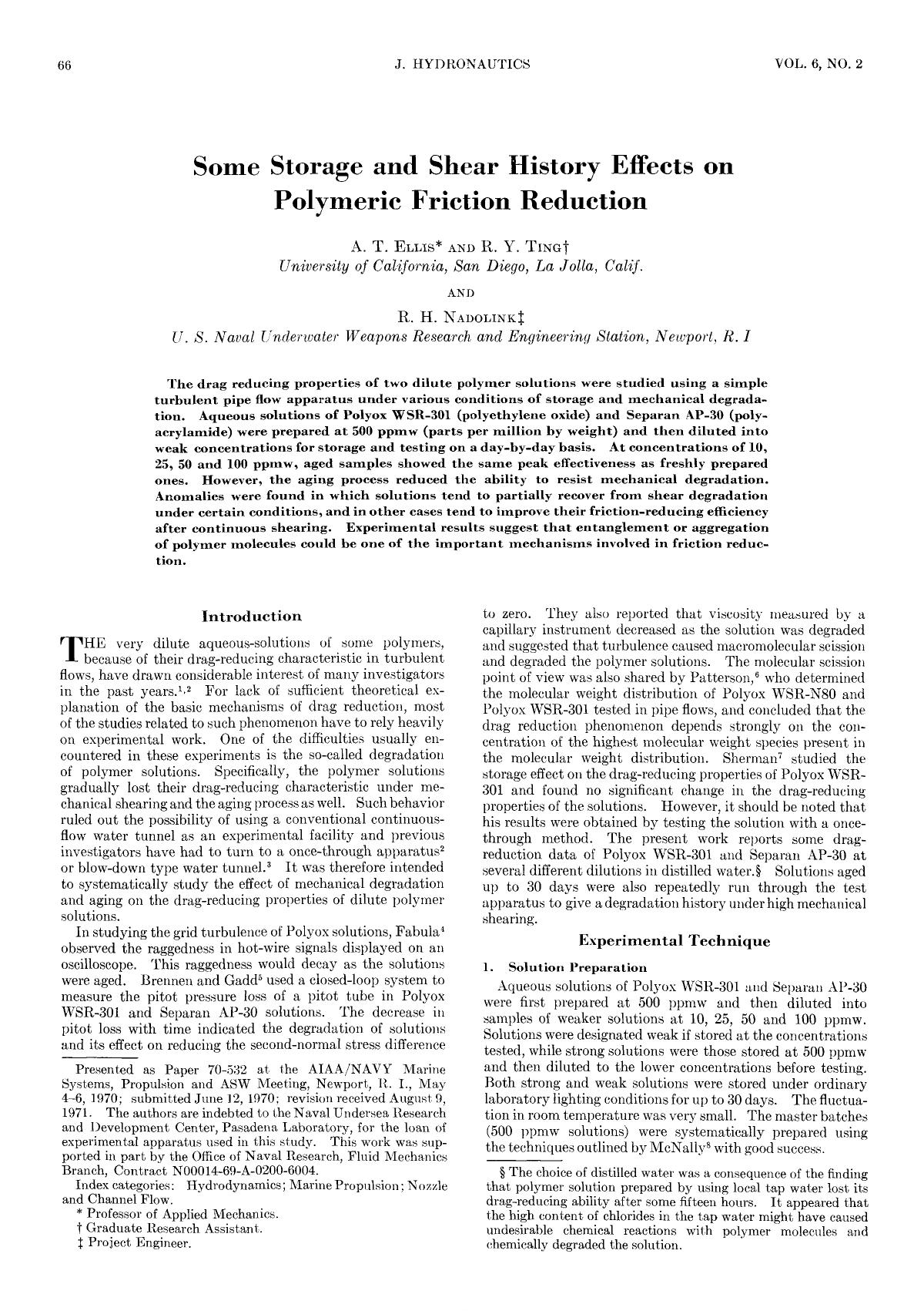 Some Storage and Shear History Effects on Polymeric Friction Reduction by Unknown