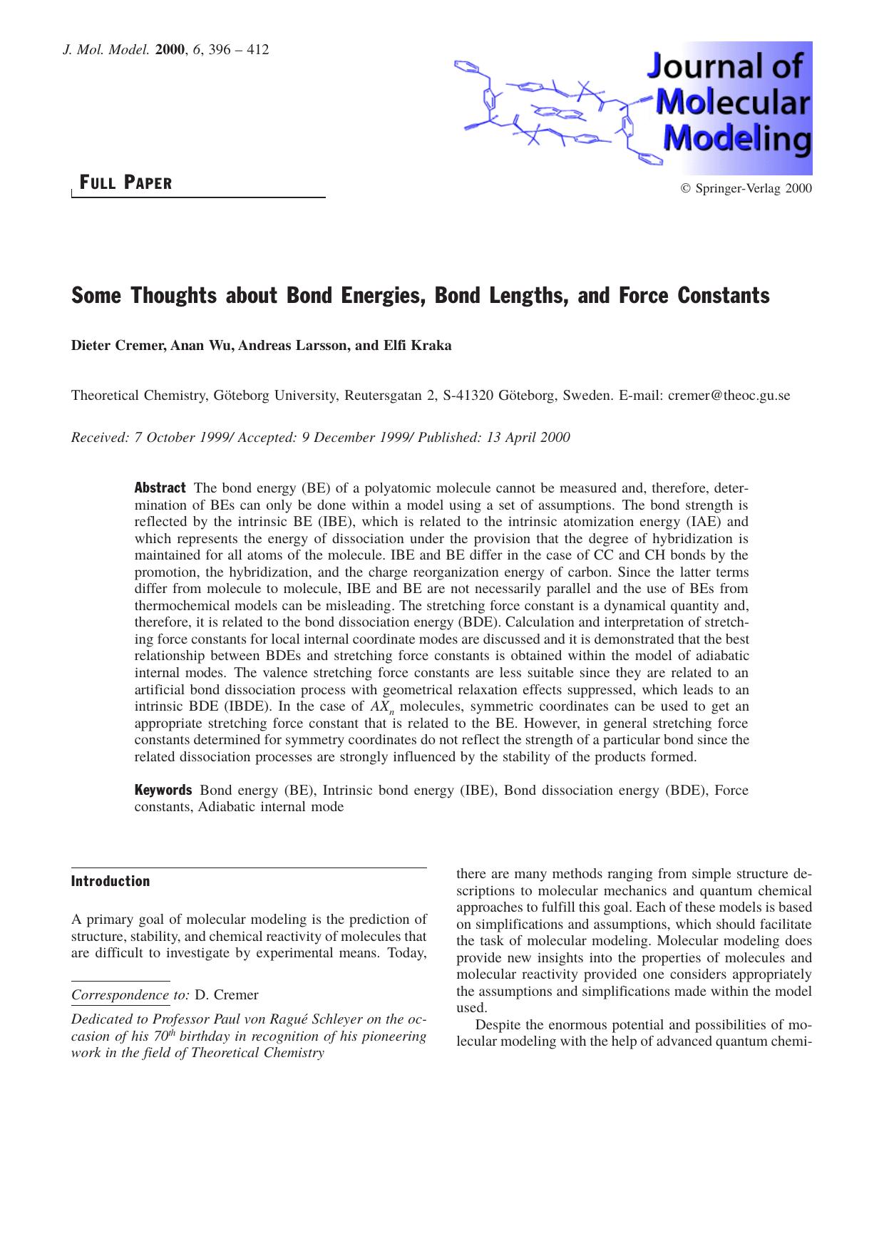 Some Thoughts about Bond Energies, Bond Lengths, and Force Constants by Dieter Cremer Anan Wu Andreas Larsson Elfi Kraka