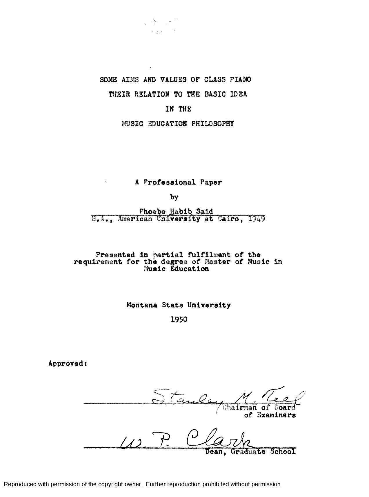 Some aims and values of class piano, their relation to the basic idea in the music education philosophy by Habib Phoebe Said