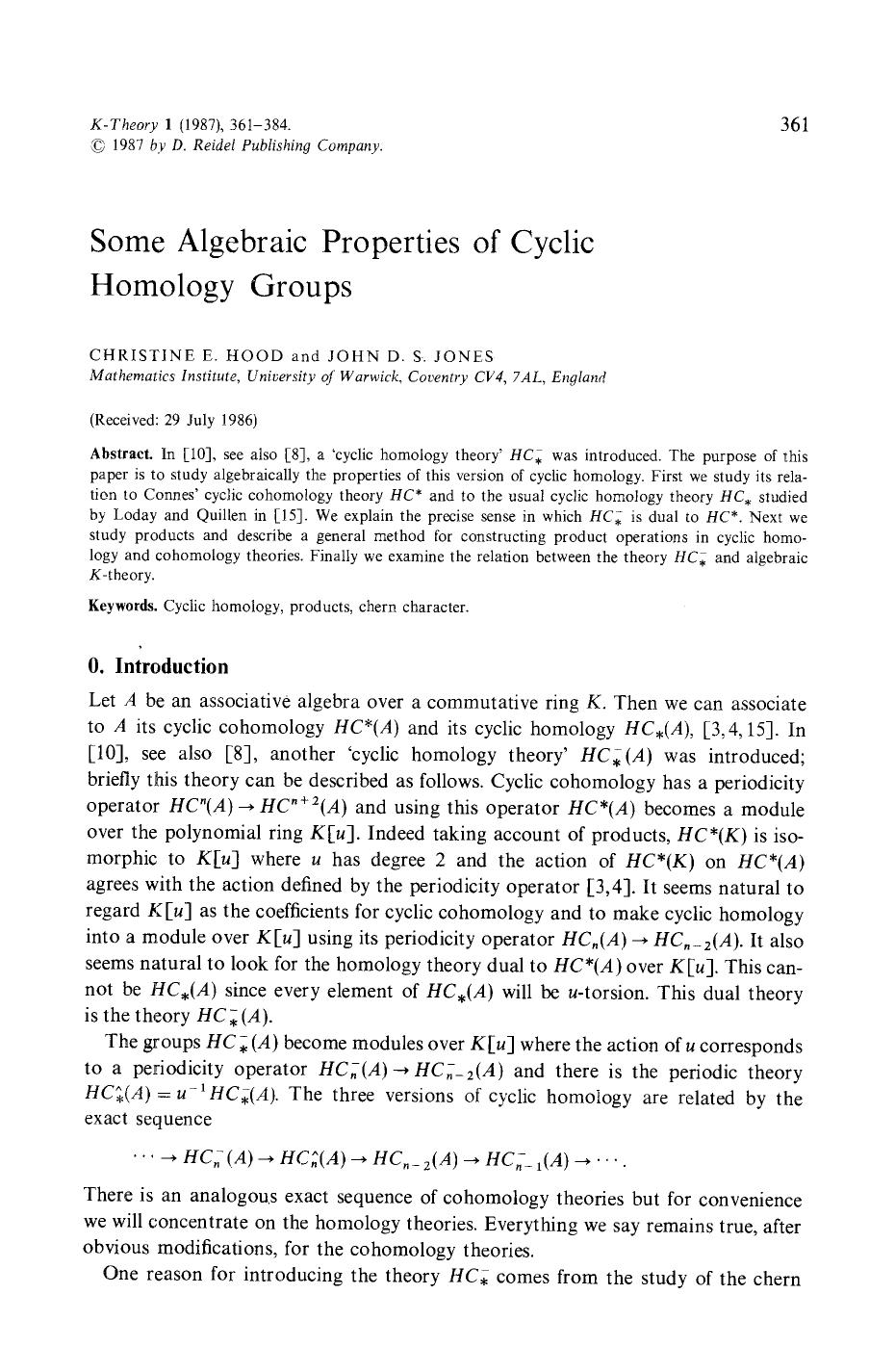 Some algebraic properties of cyclic homology groups by Unknown