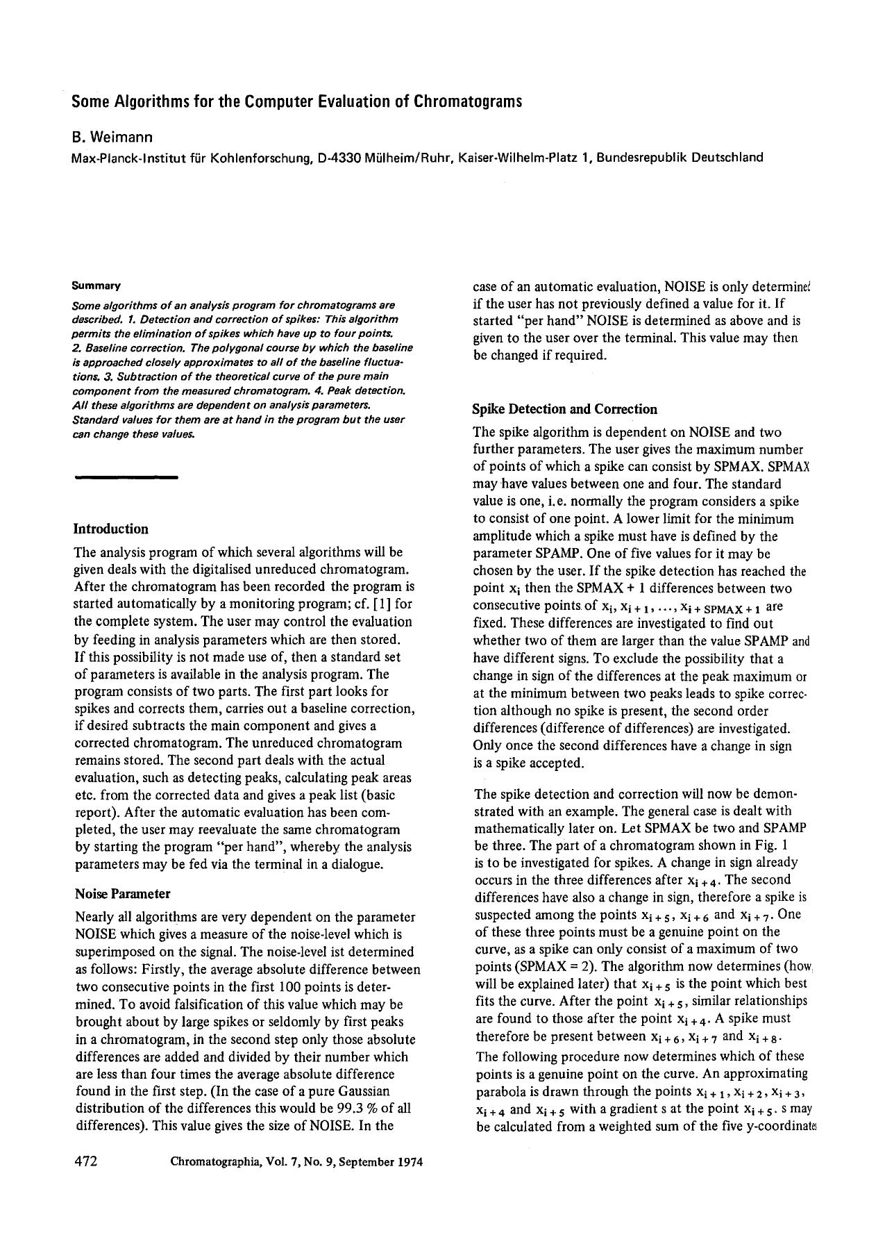 Some algorithms for the computer evaluation of chromatograms by Unknown