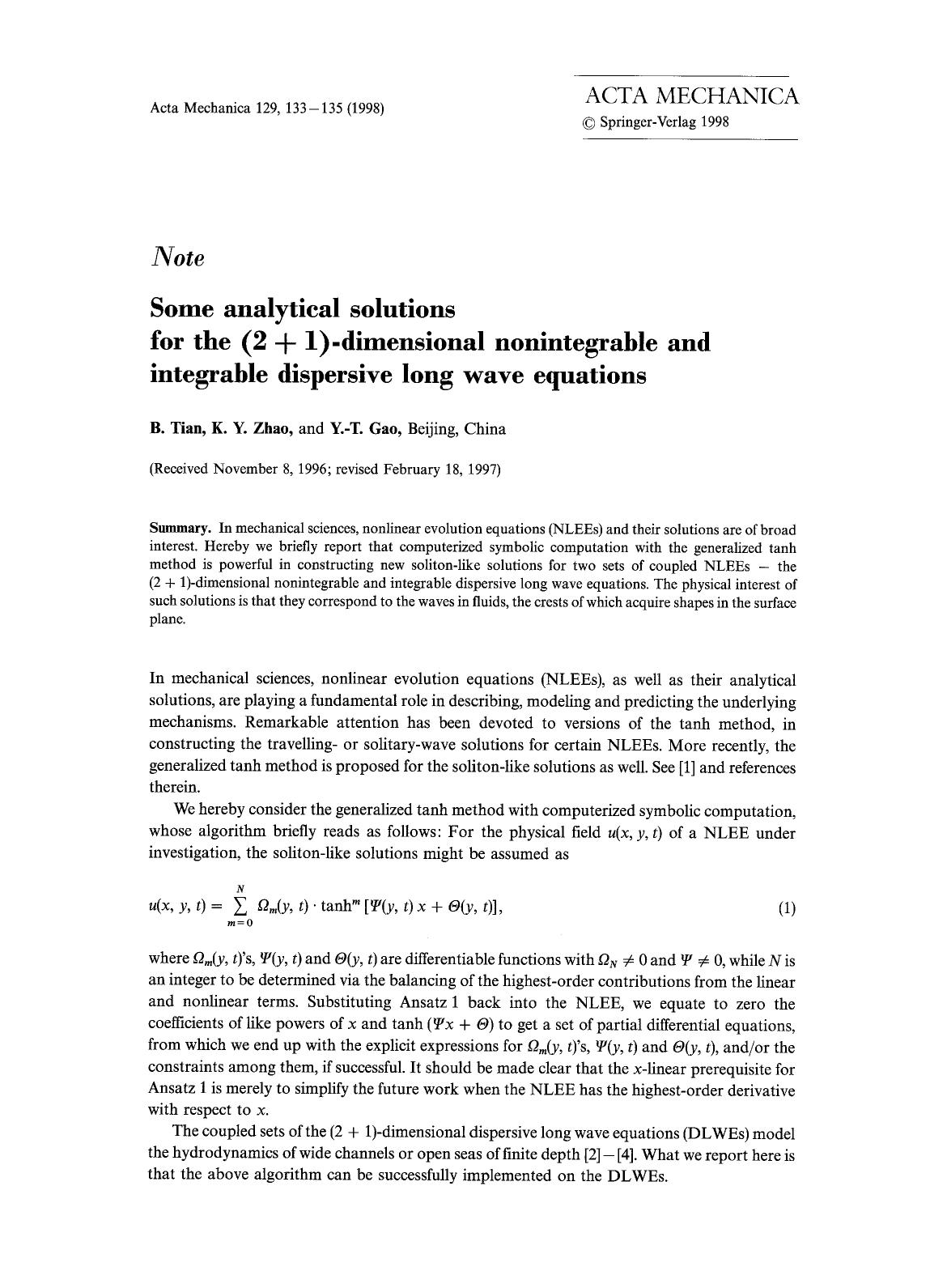 Some analytical solutions for the (2+1)-dimensional nonintegrable and integrable dispersive long wave equations by Unknown
