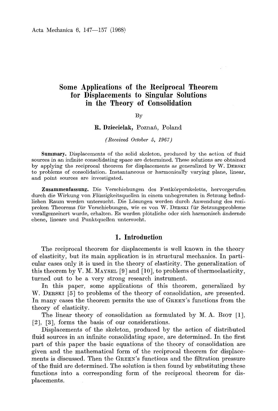 Some applications of the reciprocal theorem for displacements to singular solutions in the theory of consolidation by Unknown