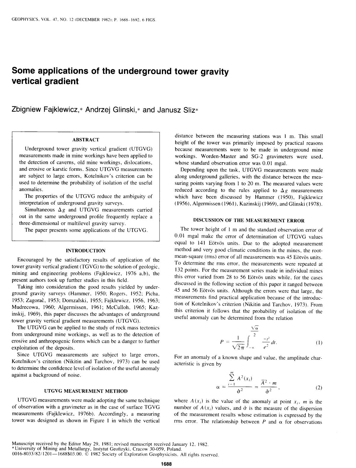 Some applications of the underground tower gravity vertical gradient by Fajklewicz Z.; Glinski A.; Sliz J