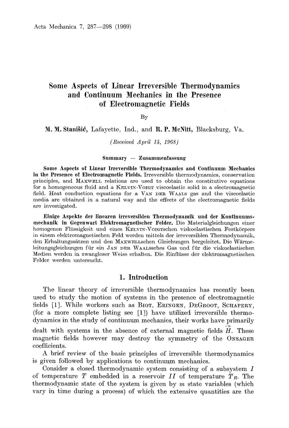 Some aspects of linear irreversible thermodynamics and continuum mechanics in the presence of electromagnetic fields by Unknown