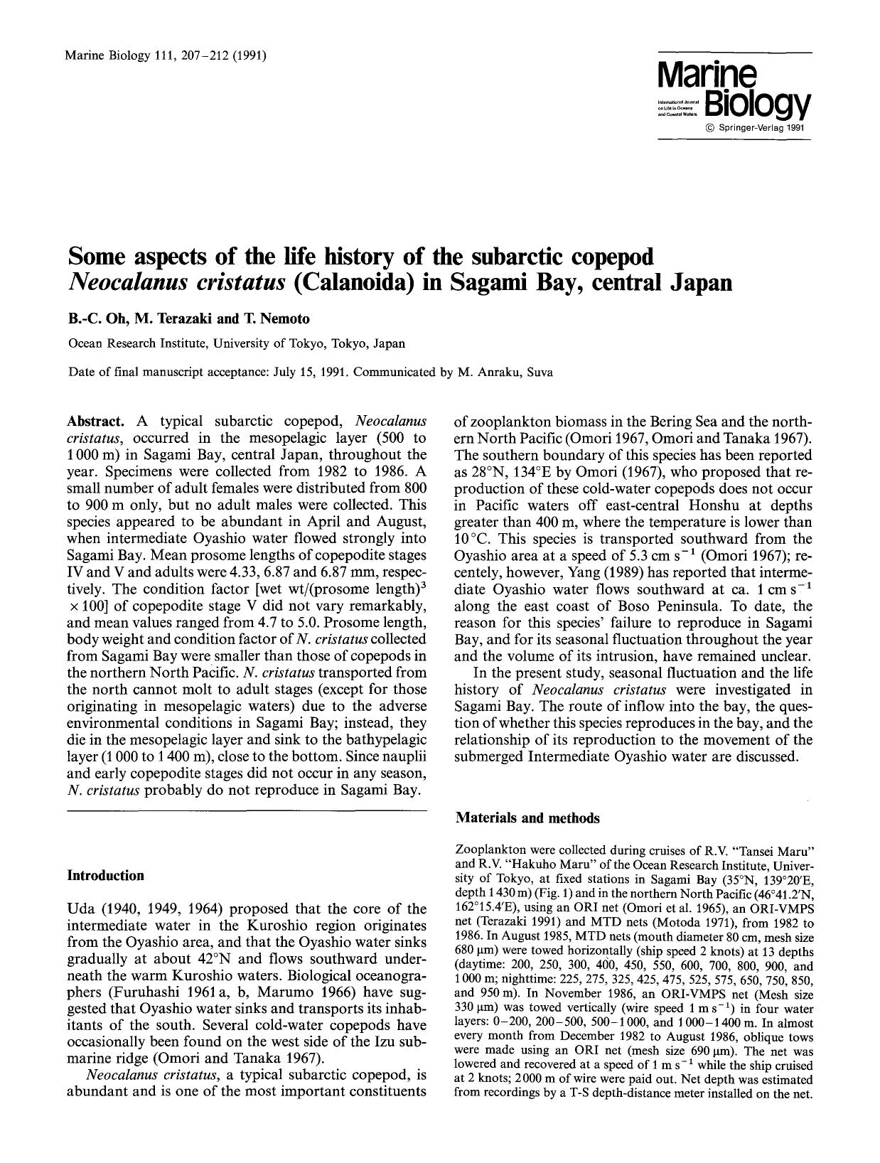 Some aspects of the life history of the subarctic copepod <Emphasis Type="Italic">Neocalanus cristatus <Emphasis> (Calanoida) in Sagami Bay, central Japan by Unknown