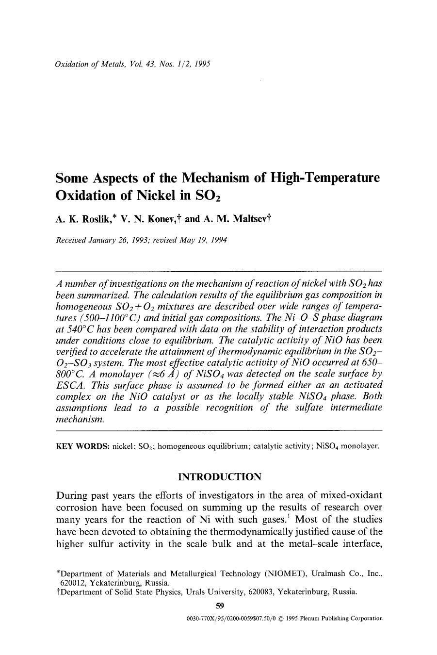 Some aspects of the mechanism of high-temperature oxidation of nickel in SO <Subscript>2 <Subscript> by Unknown