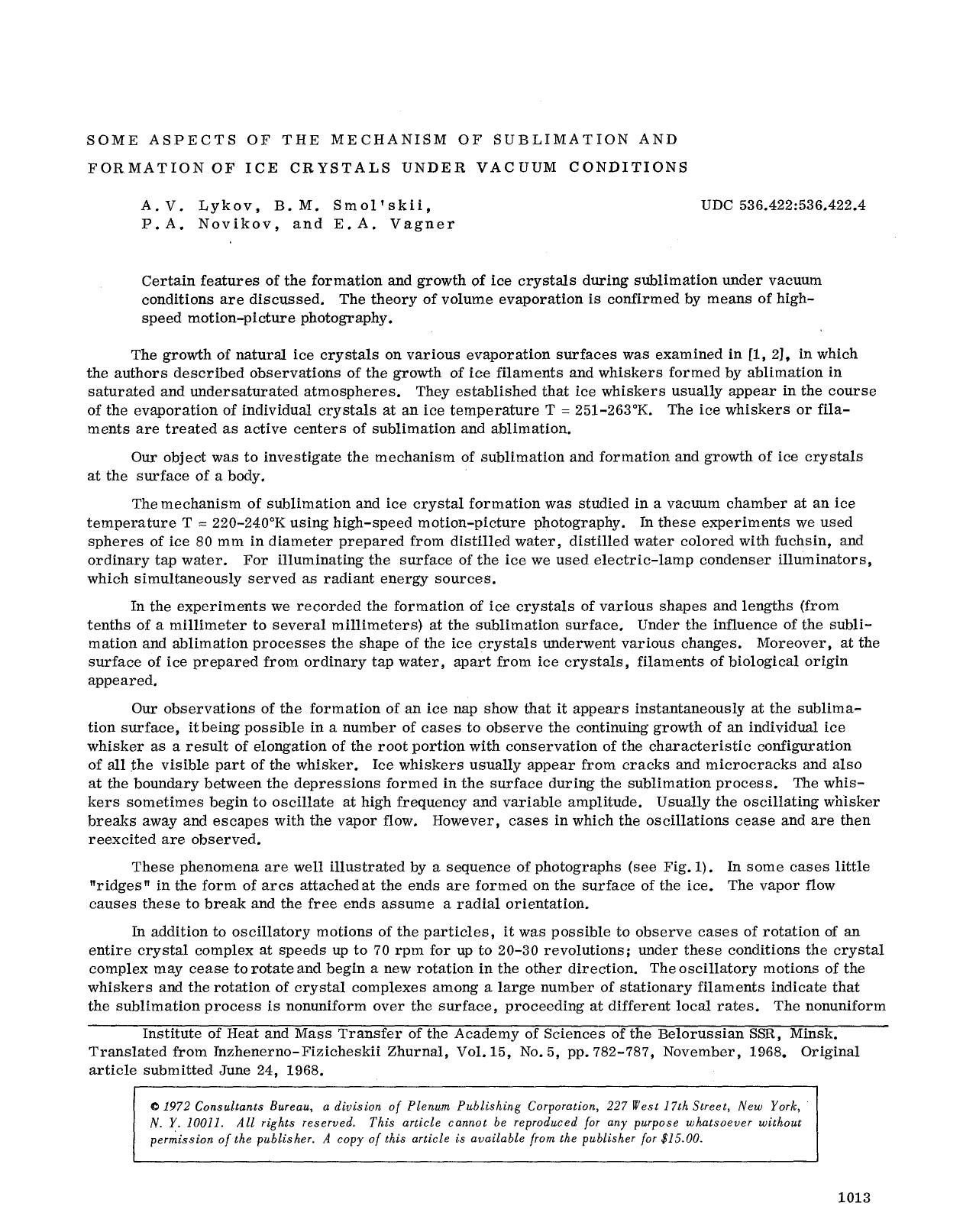 Some aspects of the mechanism of sublimation and formation of ice crystals under vacuum conditions by Unknown