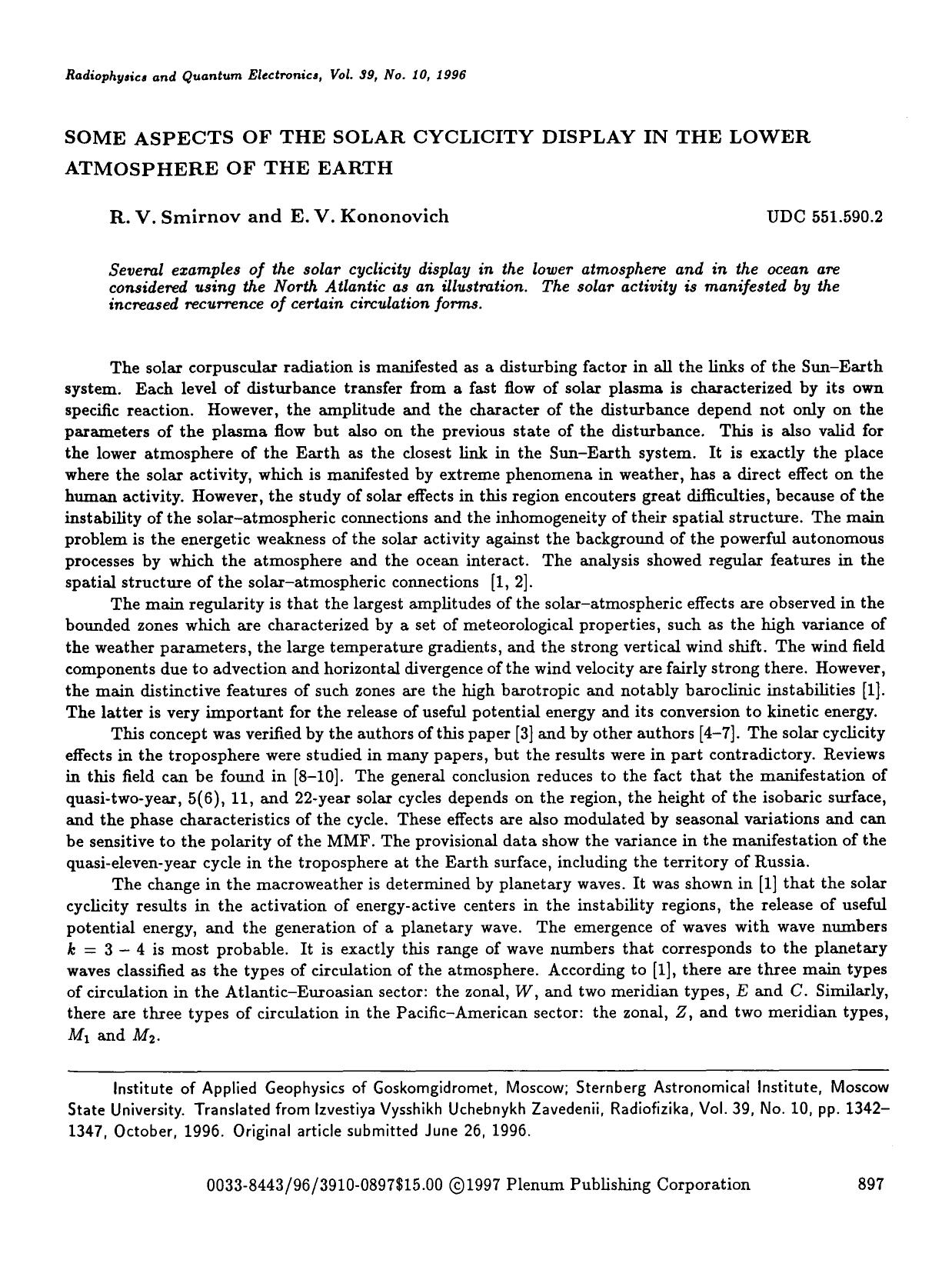 Some aspects of the solar cyclicity display in the lower atmosphere of the Earth by Unknown