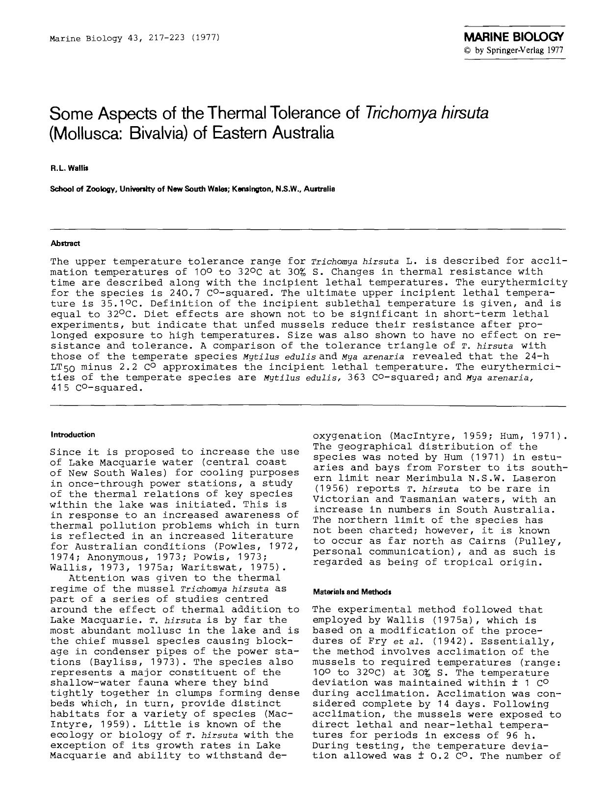Some aspects of the thermal tolerance of <Emphasis Type="Italic">Trichomya hirsuta<Emphasis> (Mollusca: Bivalvia) of Eastern Australia by Unknown