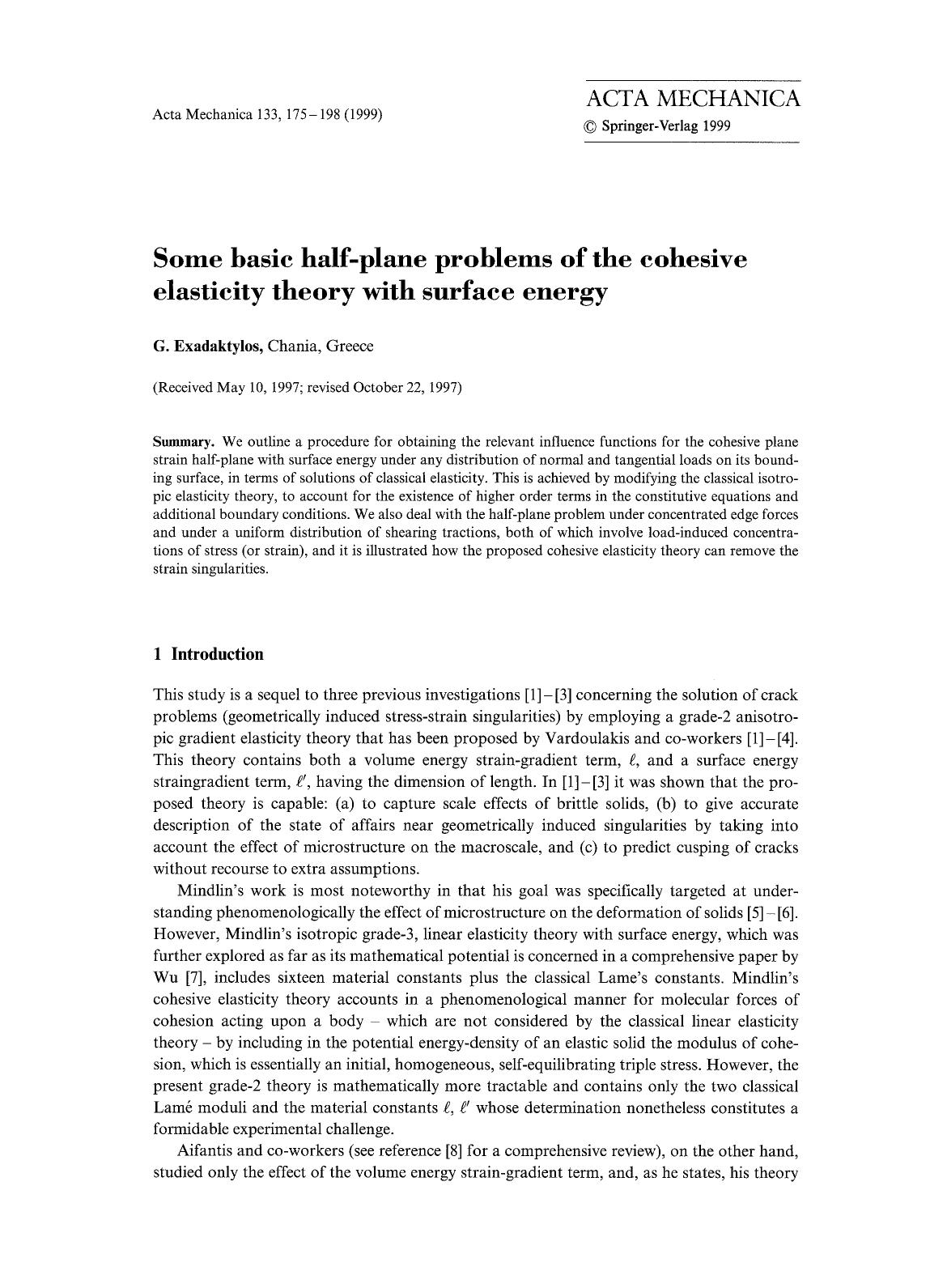 Some basic half-plane problems of the cohesive elasticity theory with surface energy by Unknown