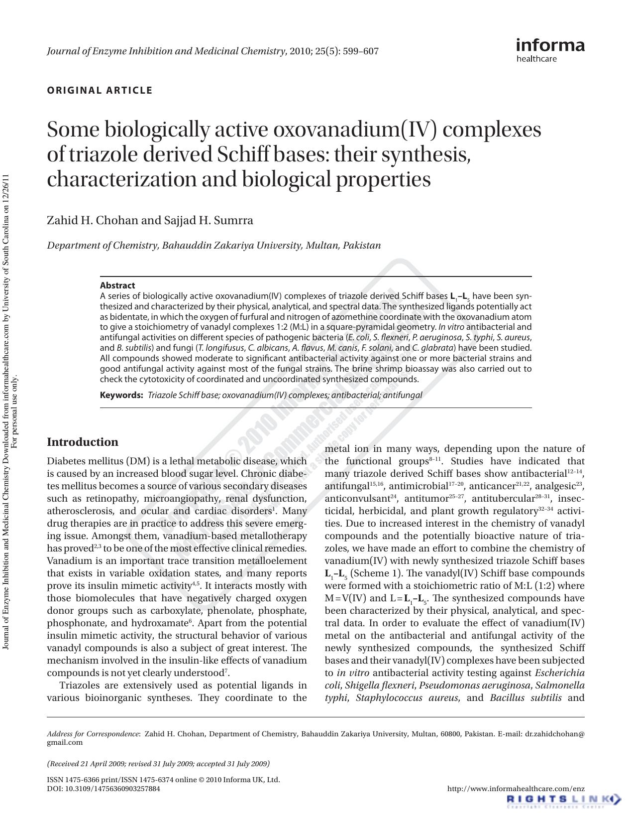 Some biologically active oxovanadium(IV) complexes of triazole derived Schiff bases: their synthesis, characterization and biological properties by Zahid H. Chohandr.zahidchohan@gmail.com Sajjad H. Sumrra