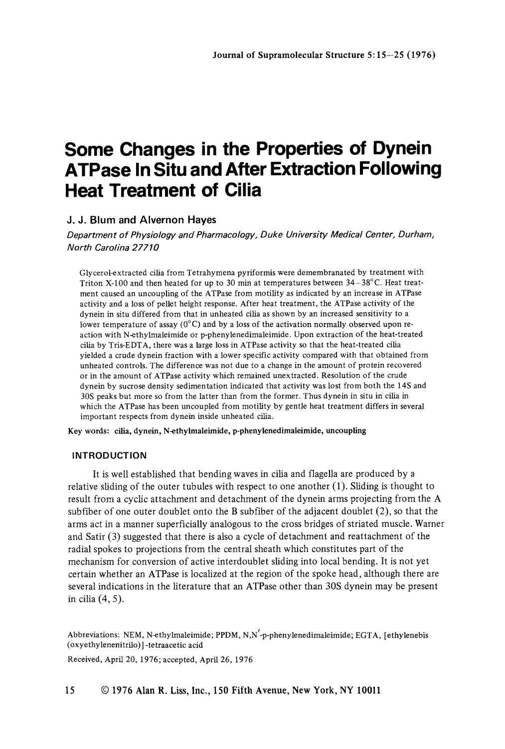 Some changes in the properties of dynein ATPase in situ and after extraction following heat treatment of cilia by Unknown