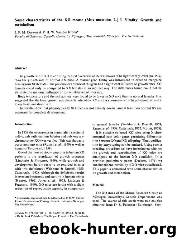 Some characteristics of the XO mouse (Mus musculus L.) I. Vitality: Growth and metabolism by Unknown
