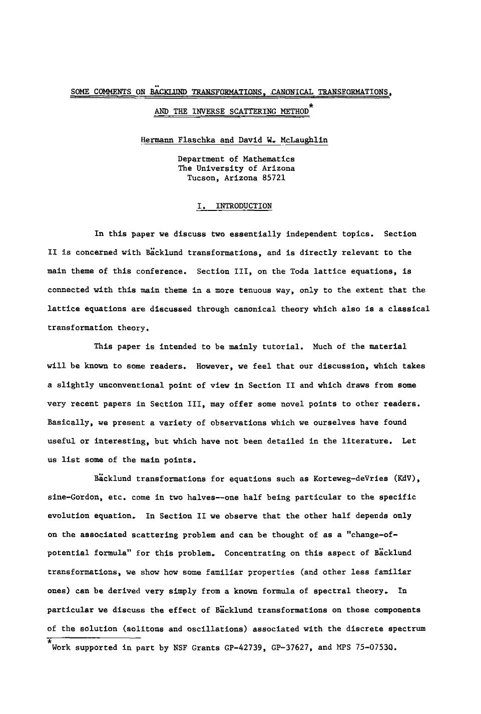 Some comments on Bäcklund transformations, canonical transformations, and the inverse scattering method by Unknown