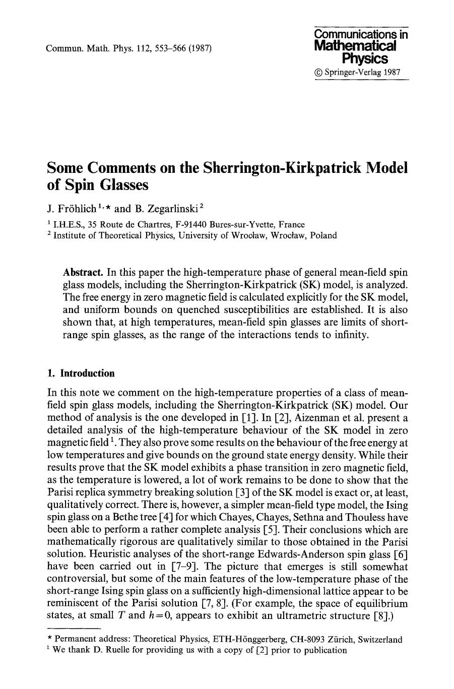 Some comments on the Sherrington-Kirkpatrick model of spin glasses by Unknown