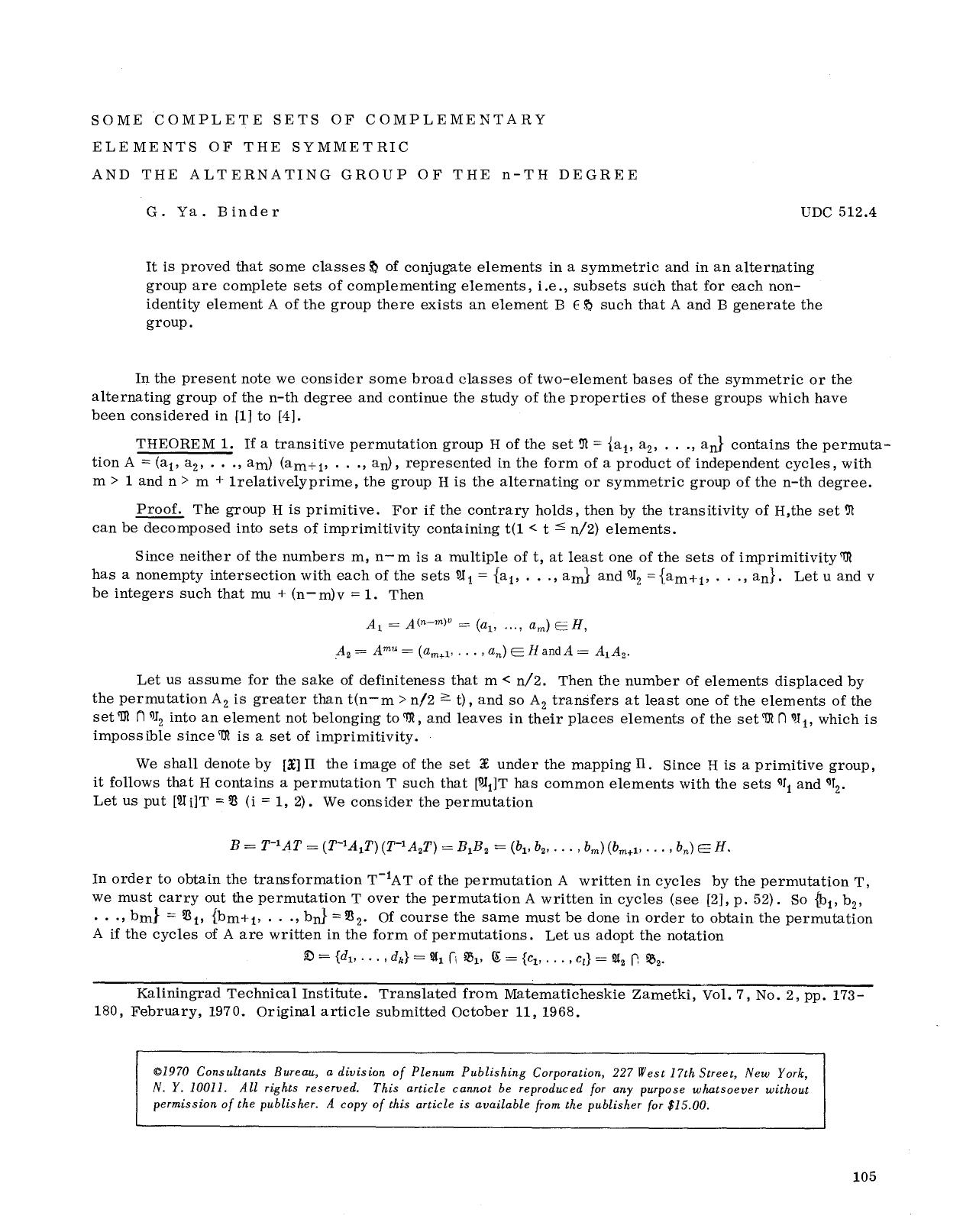 Some complete sets of complementary elements of the symmetric and the alternating group of the n-th degree by Unknown