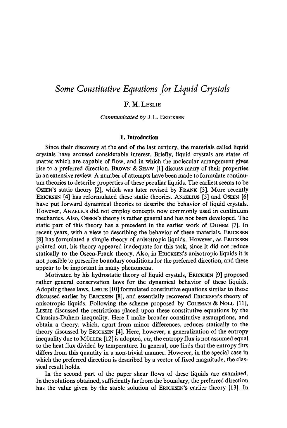 Some constitutive equations for liquid crystals by Unknown