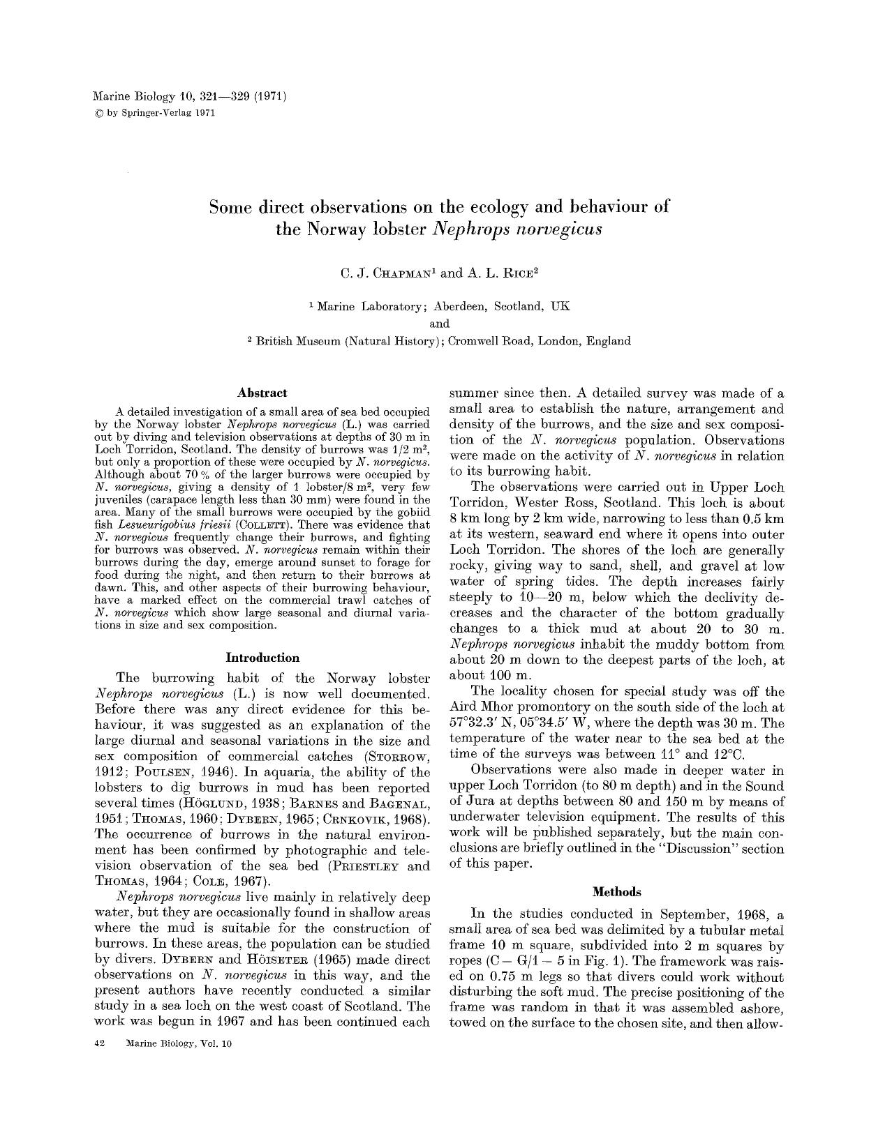 Some direct observations on the ecology and behaviour of the Norway lobster <Emphasis Type="Italic">Nephrops norvegicus<Emphasis> by Unknown