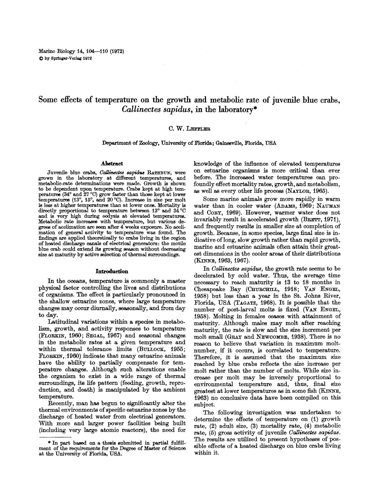 Some effects of temperature on the growth and metabolic rate of juvenile blue crabs, <Emphasis Type="Italic">Callinectes sapidus<Emphasis>, in the laboratory by Unknown
