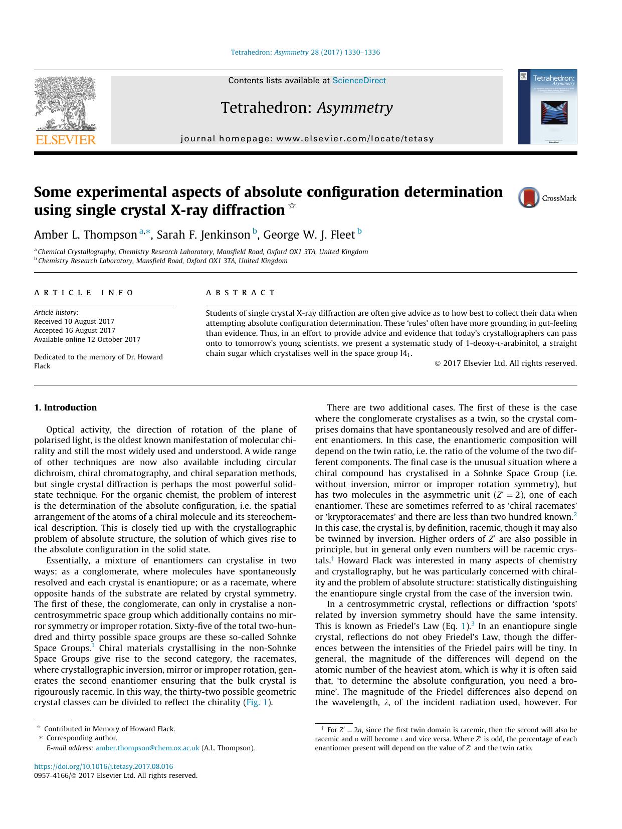 Some experimental aspects of absolute configuration determination using single crystal X-ray diffraction by Amber L. Thompson & Sarah F. Jenkinson & George W.J. Fleet