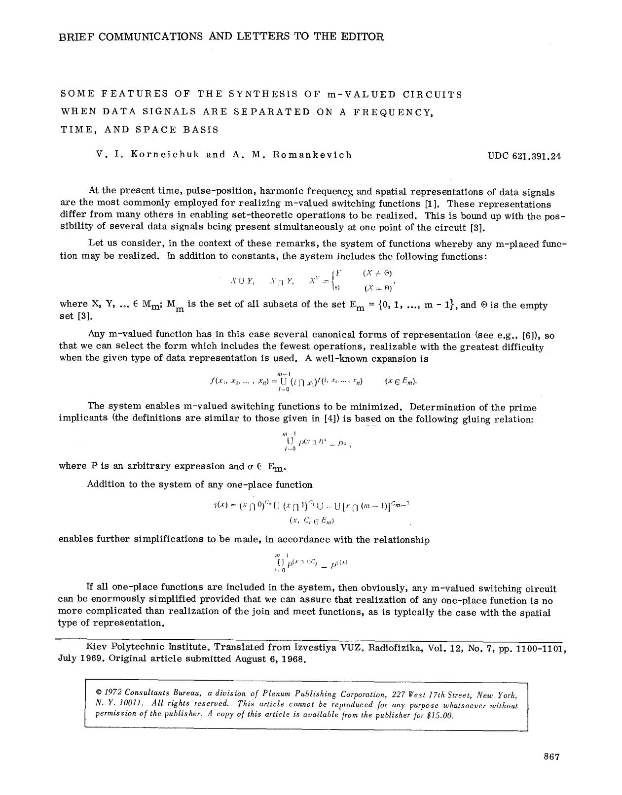 Some features of the synthesis of m-valued circuits when data signals are separated on a frequency, time, and space basis by Unknown
