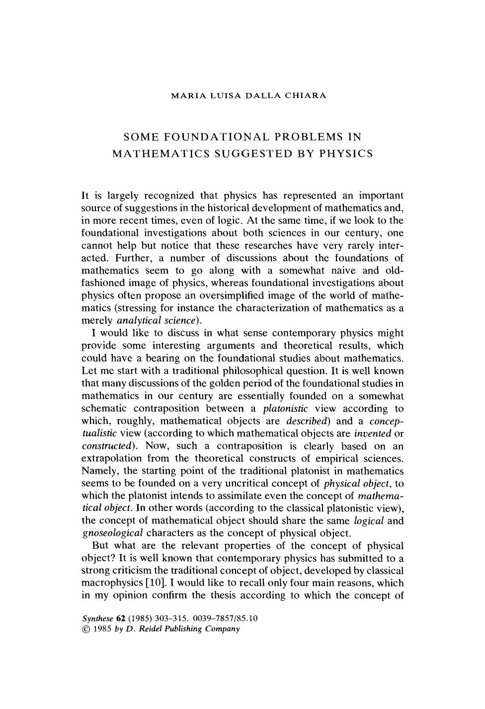 Some foundational problems in mathematics suggested by physics by Unknown
