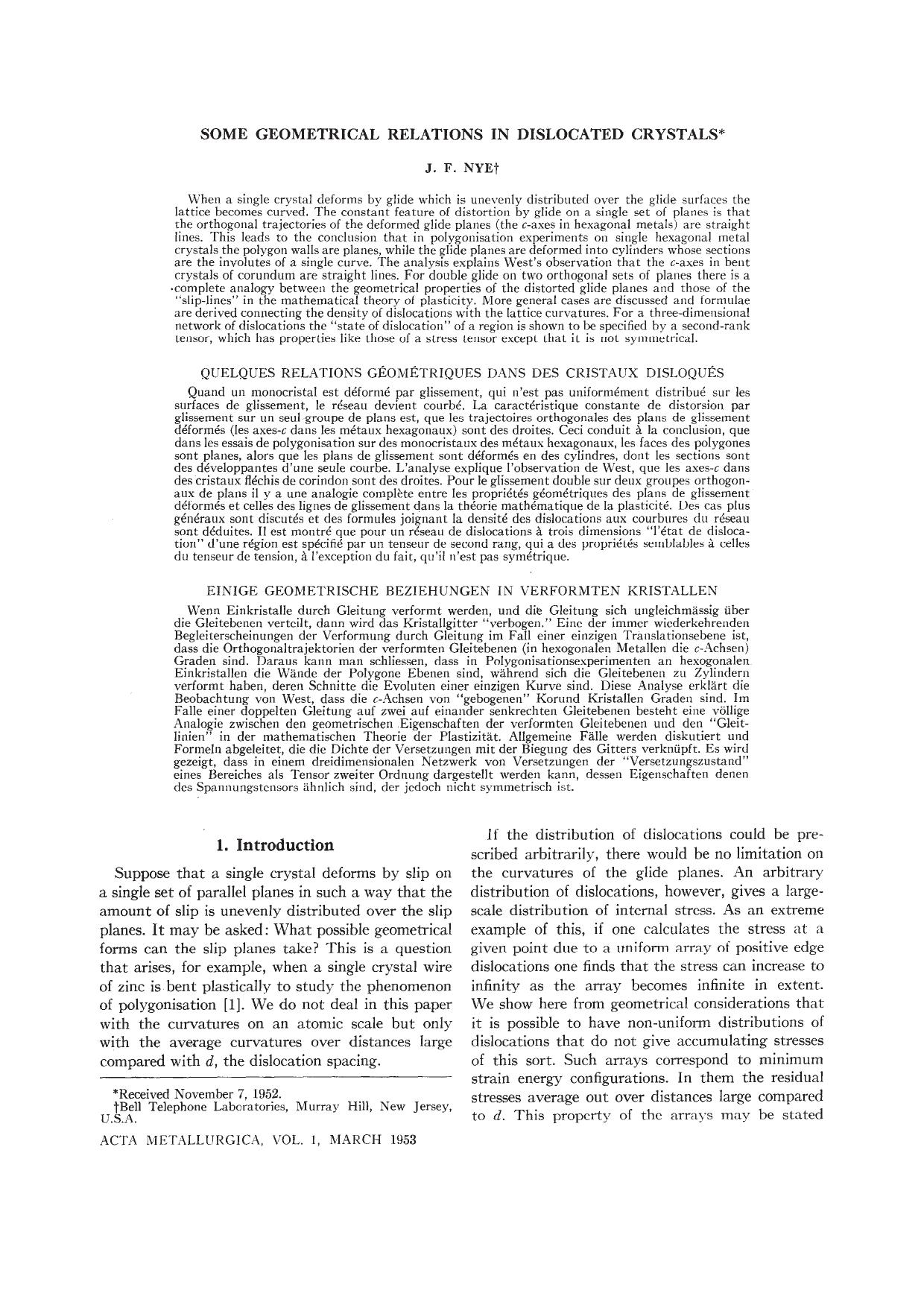 Some geometrical relations in dislocated crystals by Nye J.F
